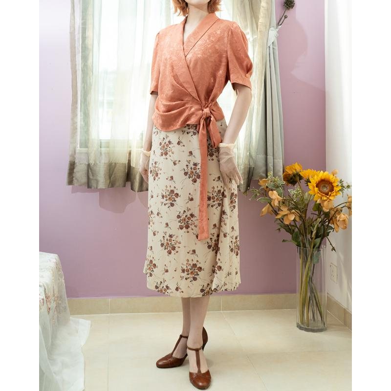 Vintage Peach Rose Pattern Elegant Wrap Blouse/Wrap Top (MT1606)