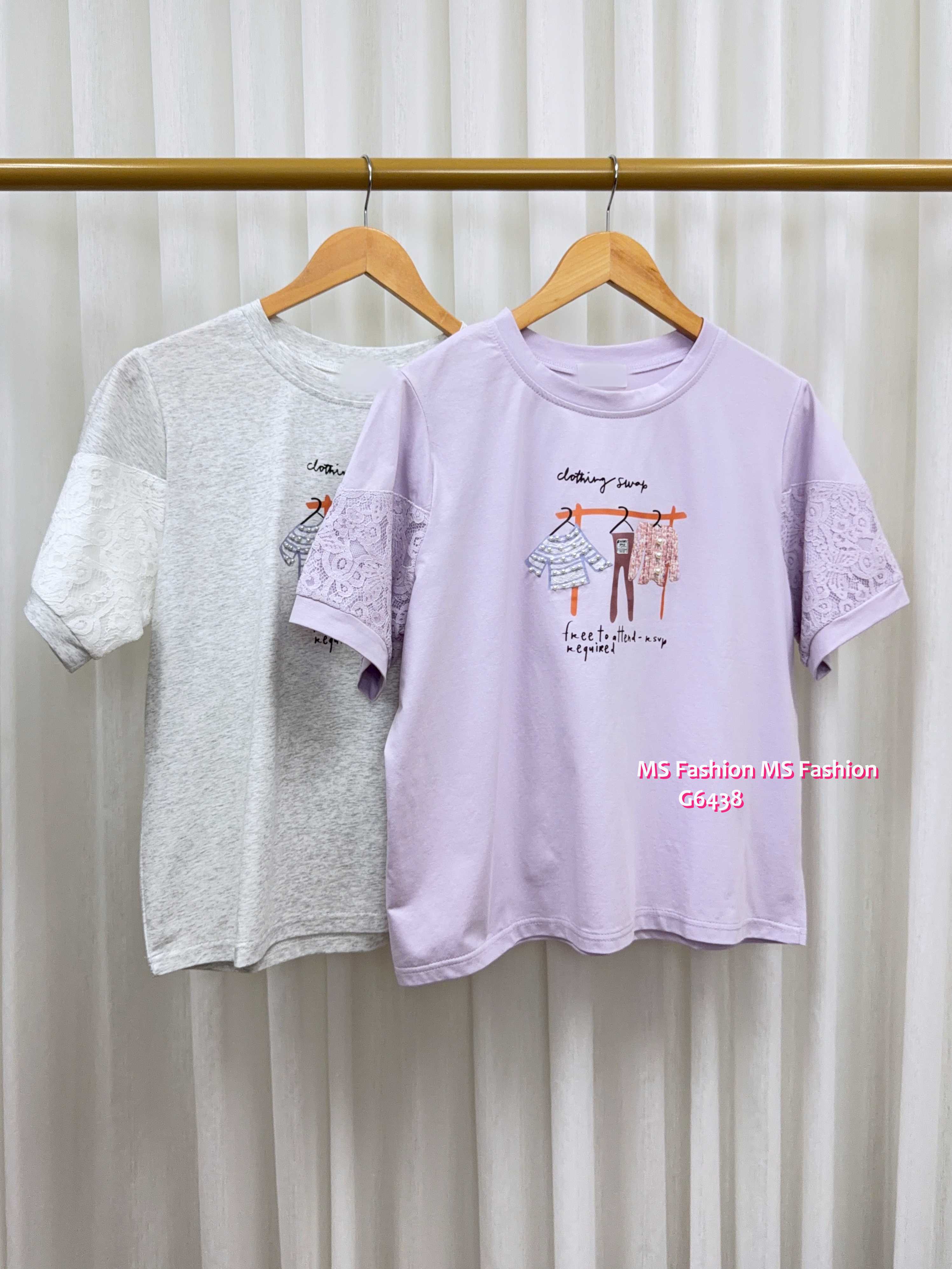 G6438 靚print lace袖top