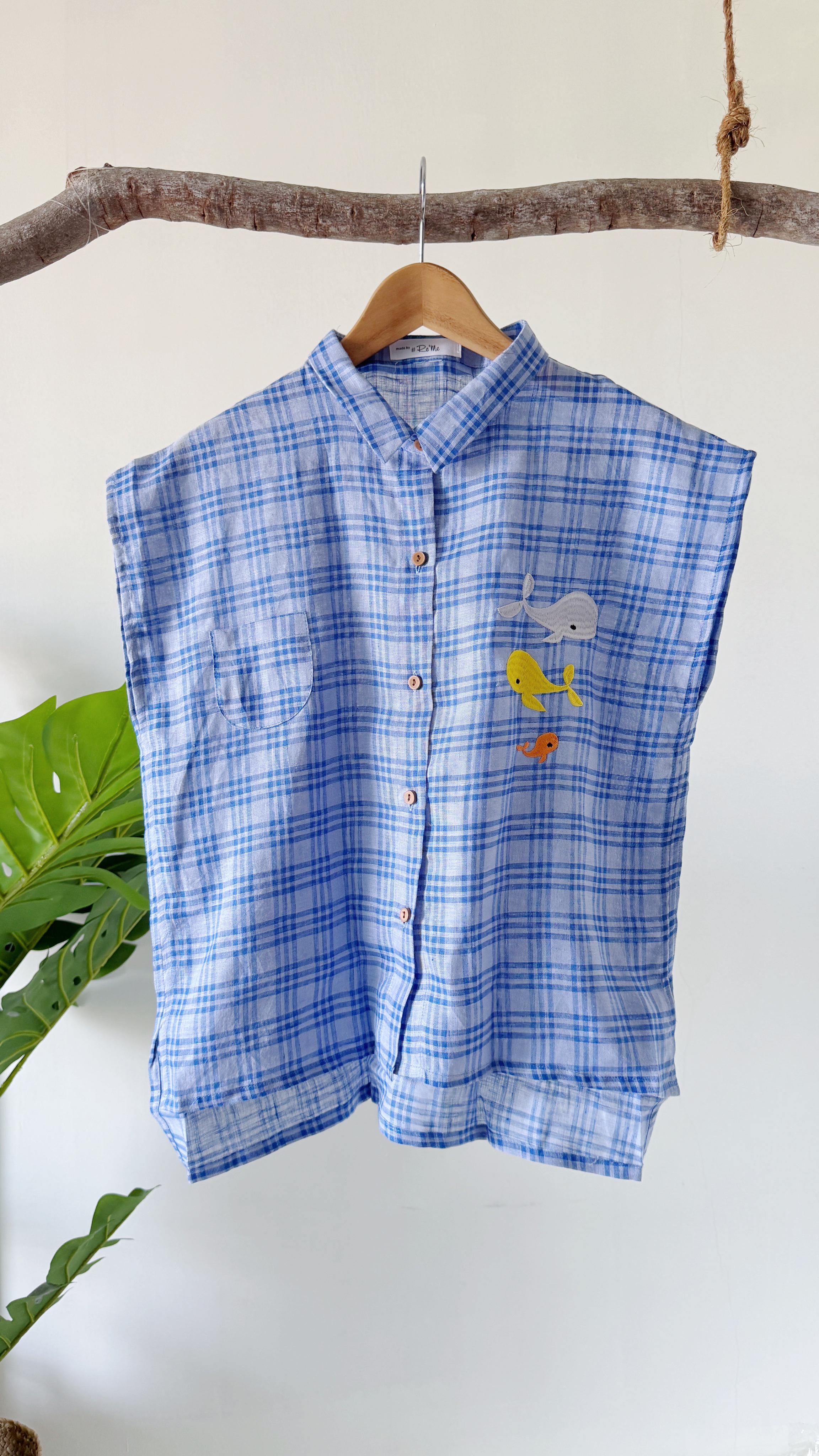 日系直肩鲸鱼刺绣衬衫