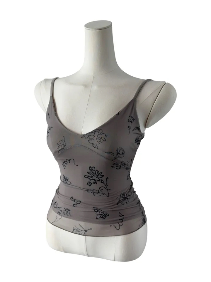Abstract Floral Print Mesh Cami Top