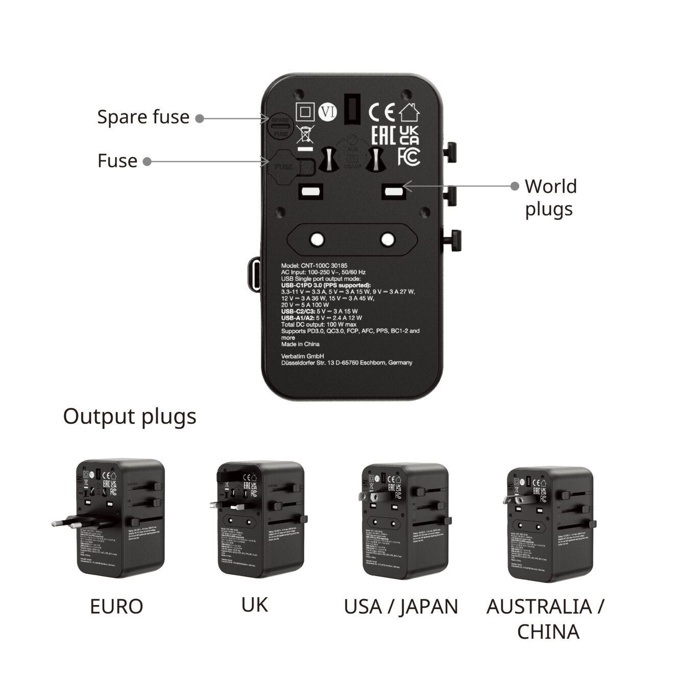 Verbatim(威寶) Charge 'n' Travel 100W 通用旅行轉插 (附USB-C可伸縮充電線) 30185