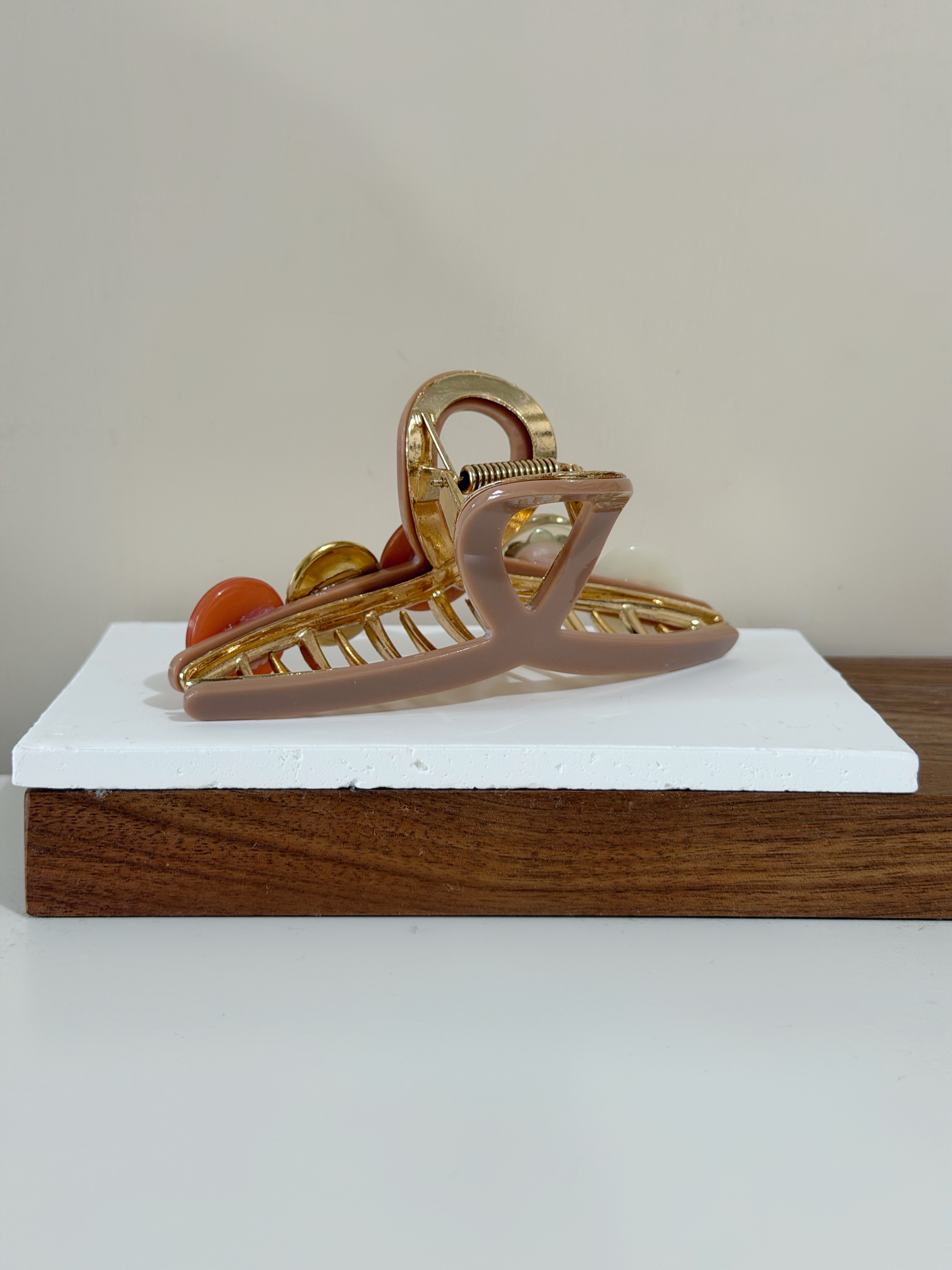 復古鈕扣髮夾/啡橙色系 12cm長