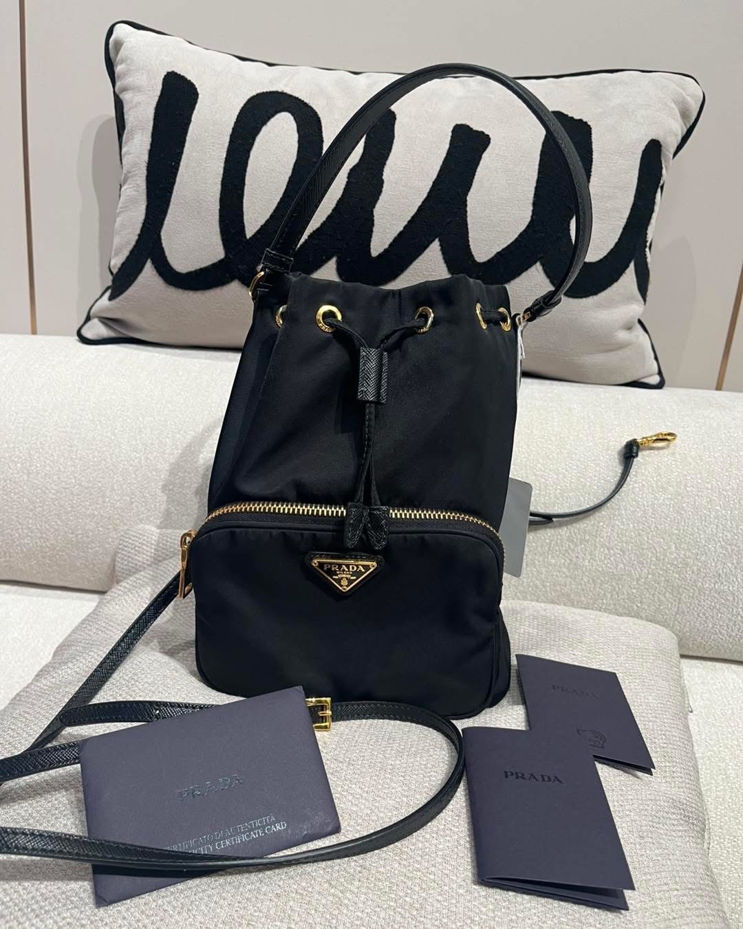 PRADA Duet Re-Nylon Bucket Bag Black,100%Authentic,95%new ✅card✅dust bag