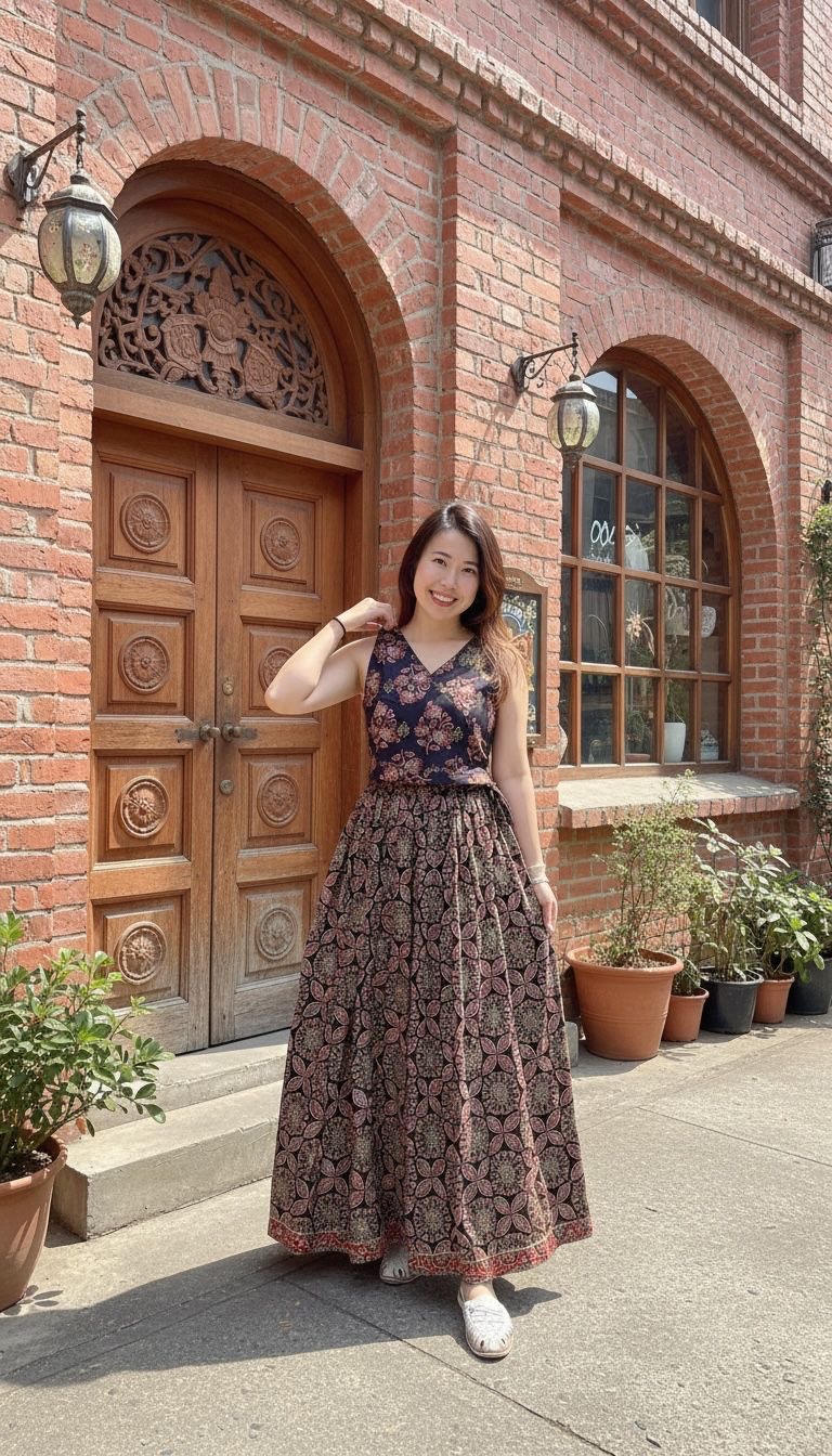 2342 Black Floral Block Print Skirt 