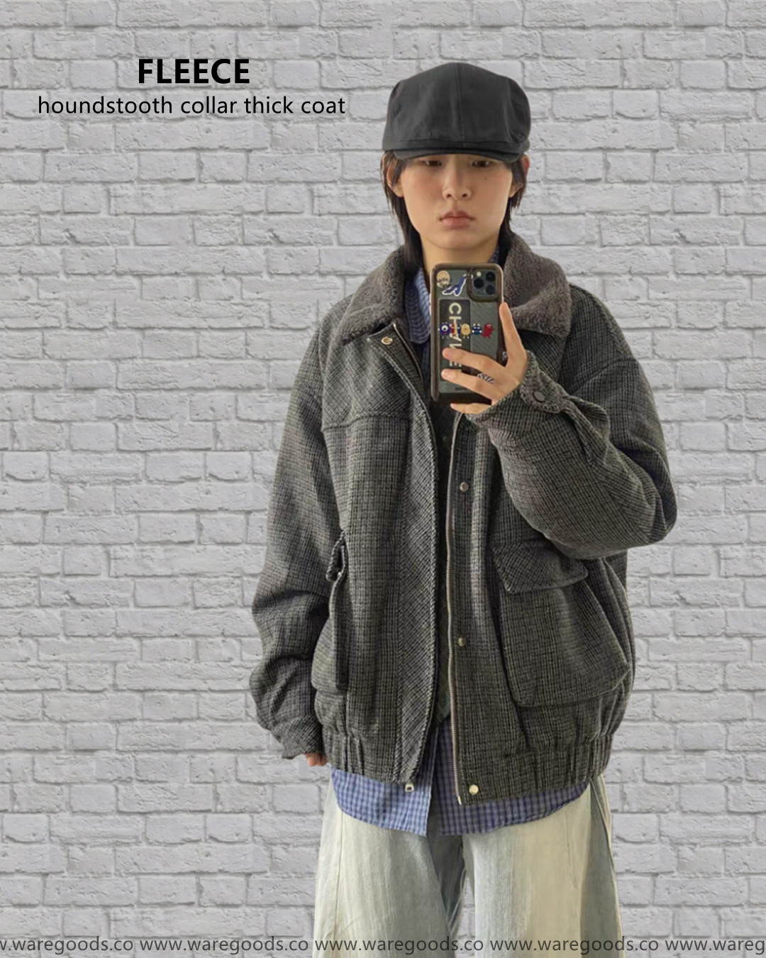 W031千鳥格翻領加厚外套