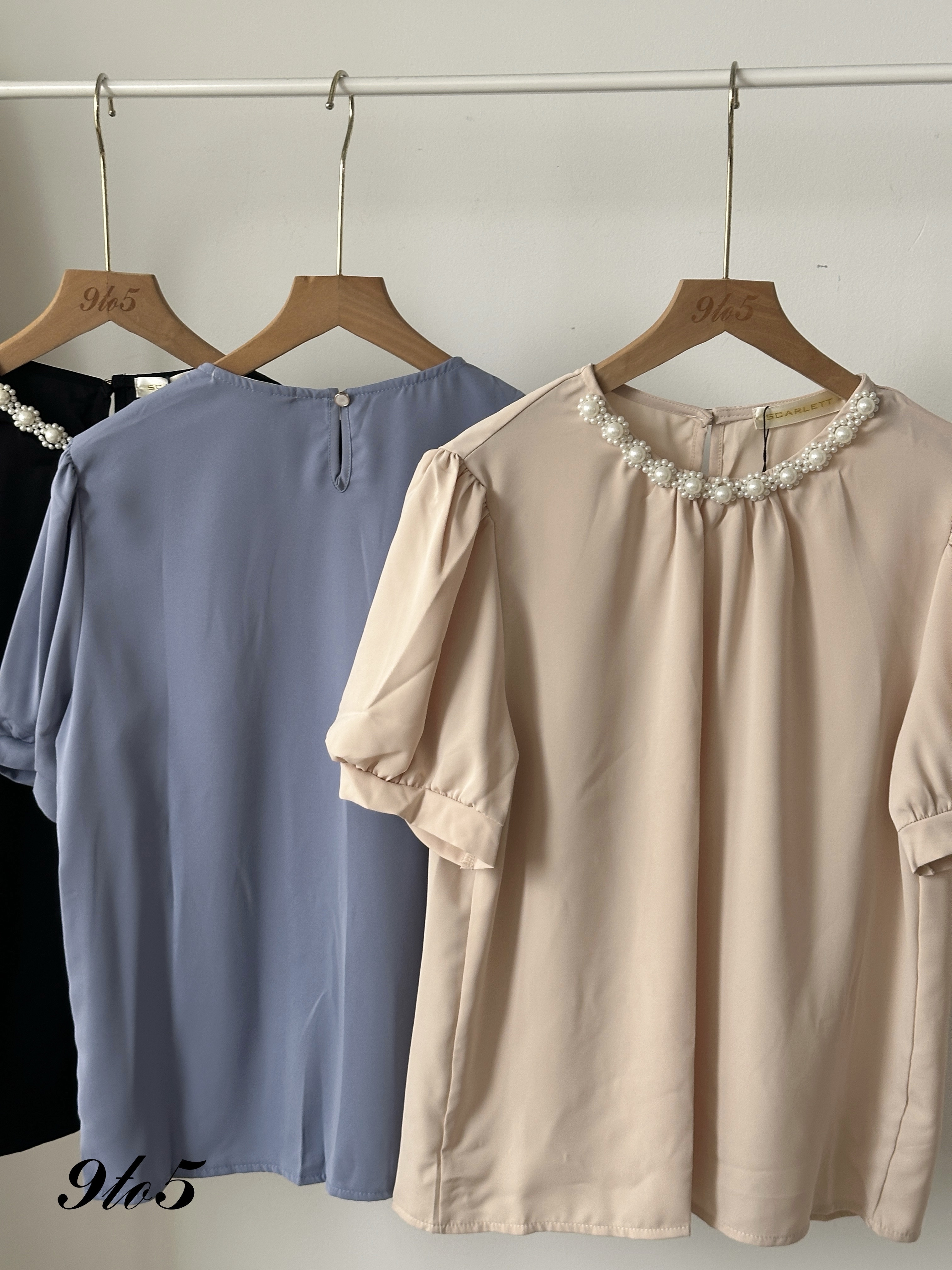 T4071 Puff Sleeve Pearl Collar Top - 3 Colors 