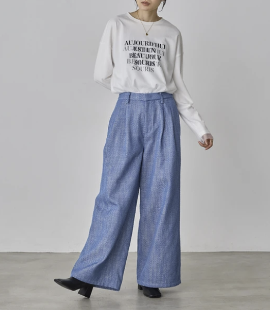 丹寧風人字紋褶褲 - 2026 流行穿搭  女士長褲 春夏時尚穿搭 柔軟舒適 成人休閒 日常穿搭 易於配搭 日本直送   #JP-I-260032