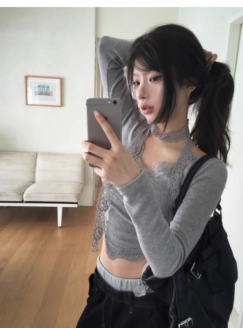 已售罄❌韓國姐姐感Lacy V領top +掛頸巾