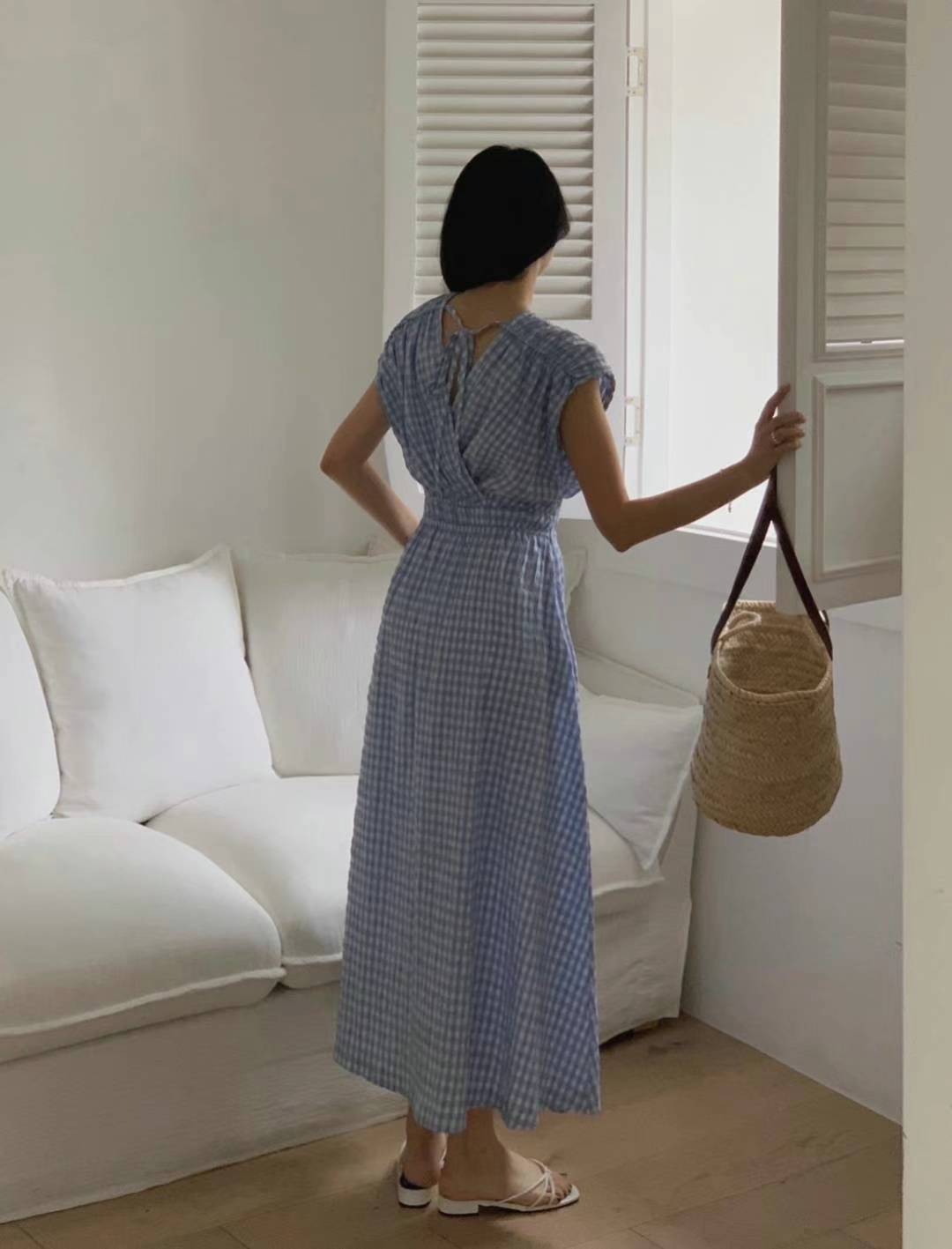 Gingham V-Neck Cap Sleeve Maxi Dress with Fitted Waist ‖ 格纹V领收腰短袖长洋装 KR02121442