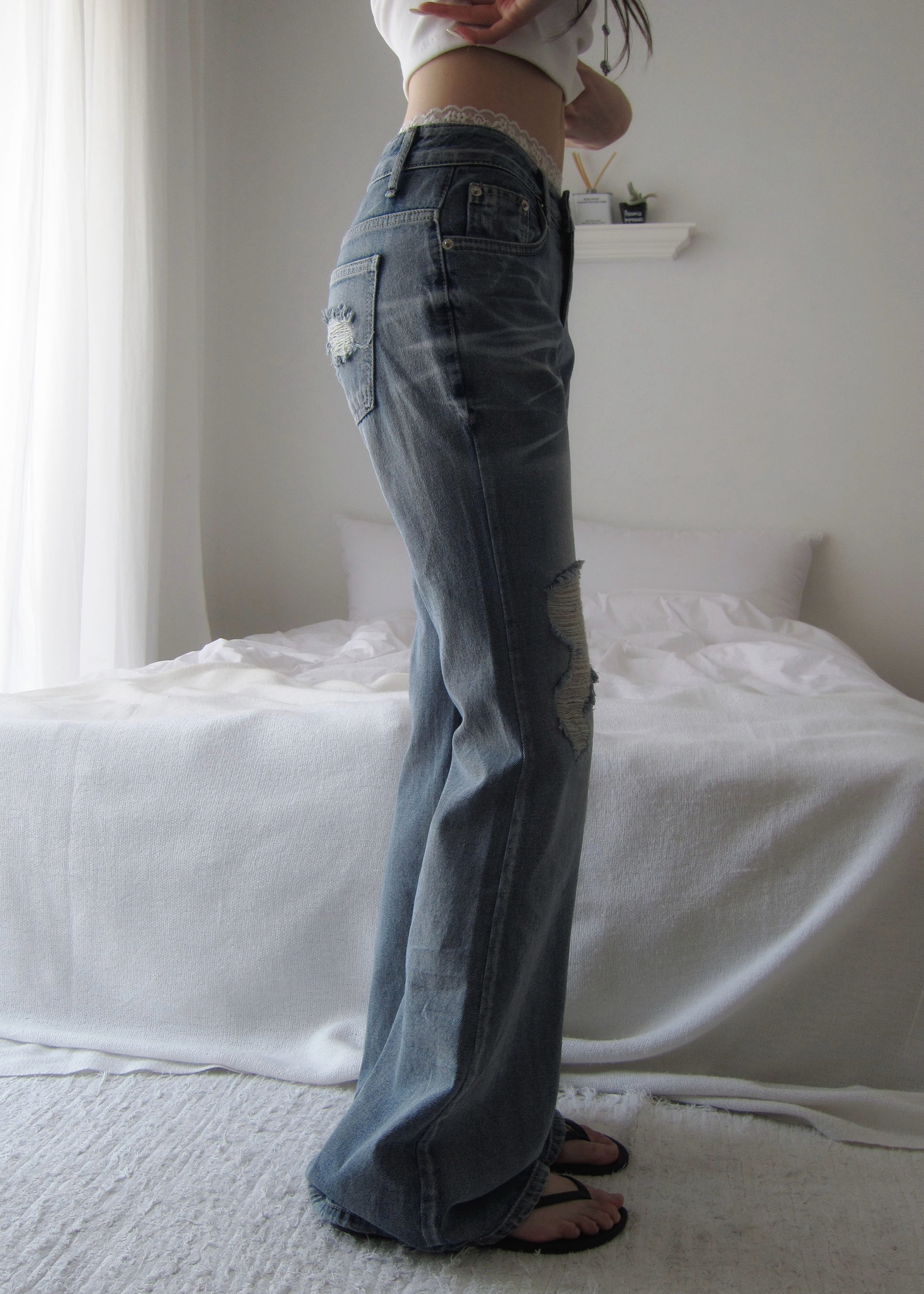 Washed Distressed Flare Jeans