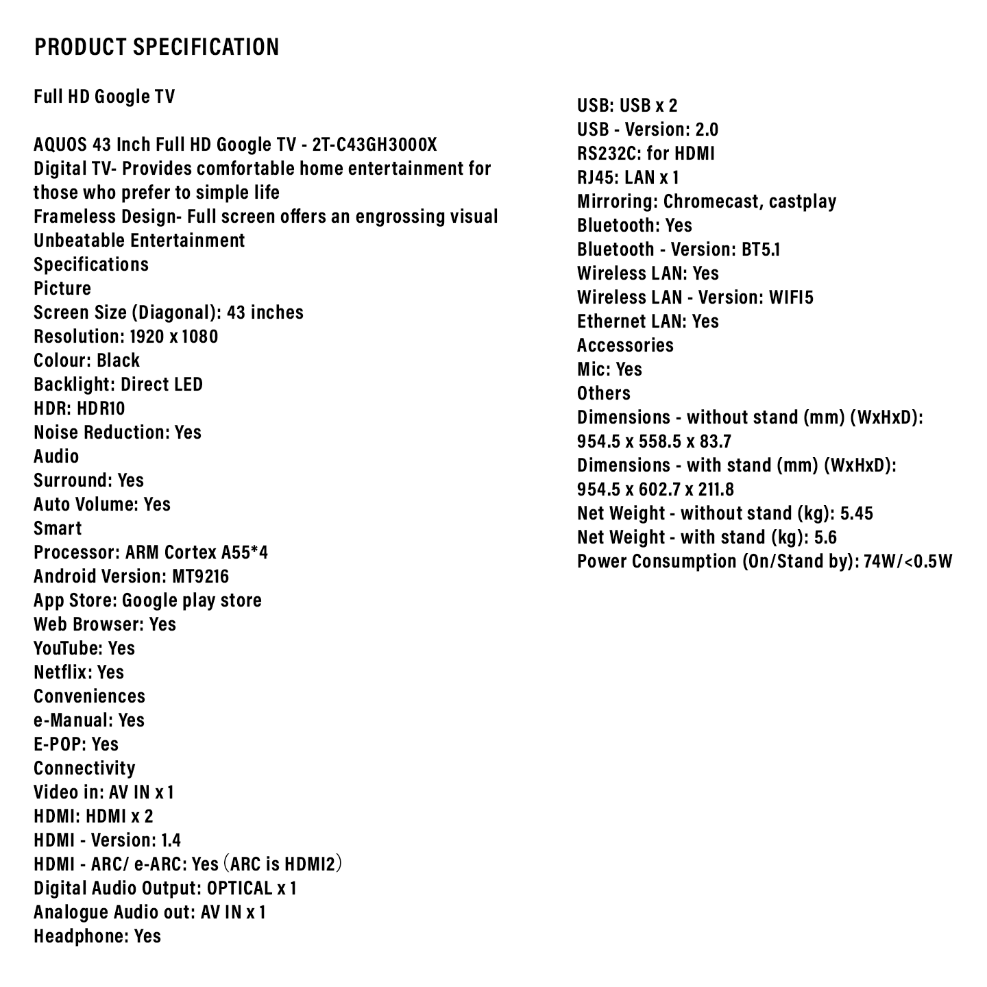 Sharp 43" Full HD Google TV (2TC43GH3000X)