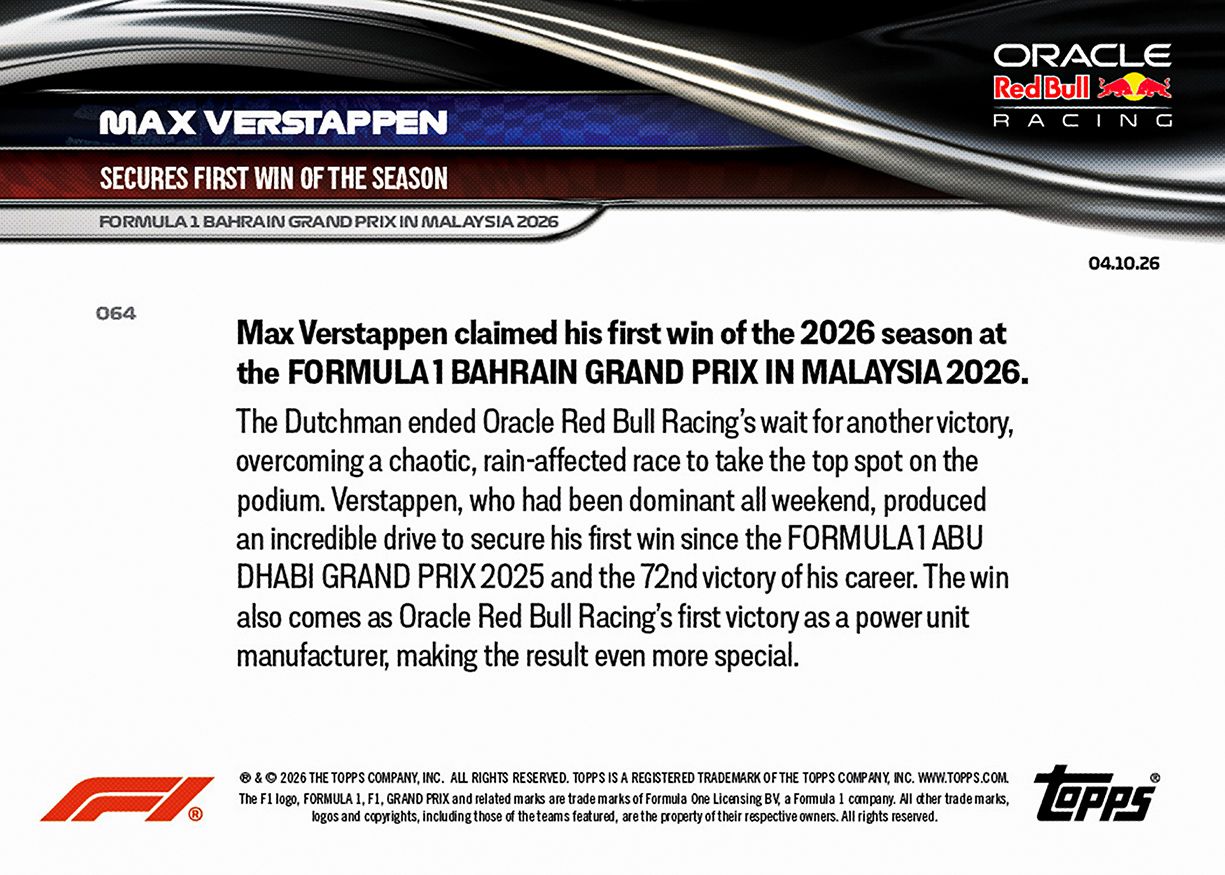 Max Verstappen - 2026 F1 Topps NOW® #64 Bahrain GP in Malaysia 贏車卡【團購】