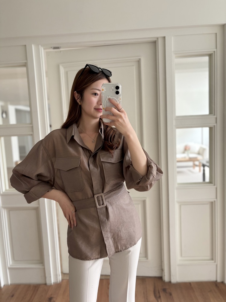Feminine Belted Pocket Blouse (Brown)