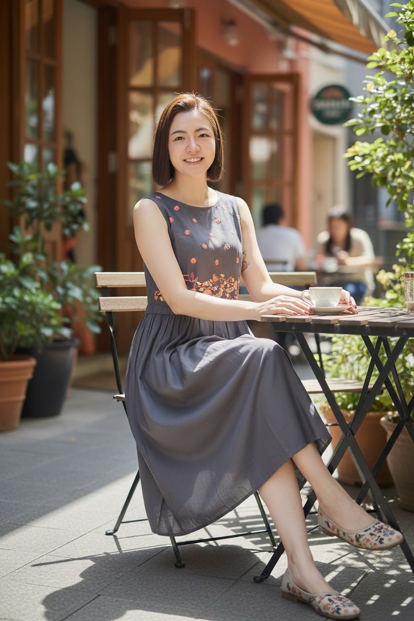 Ash Grey Simple Floral Emb. Sleeveless OP 44" #1022