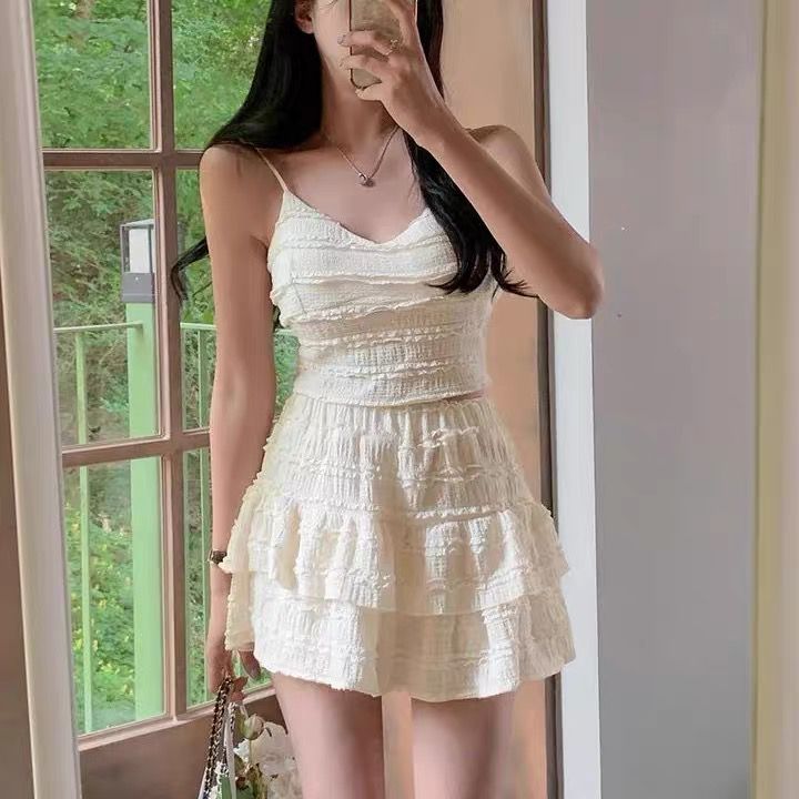 A150763 Dopamine Style Casual Two-Piece Set with Sexy Cami Top and White Tiered Mini Skirt