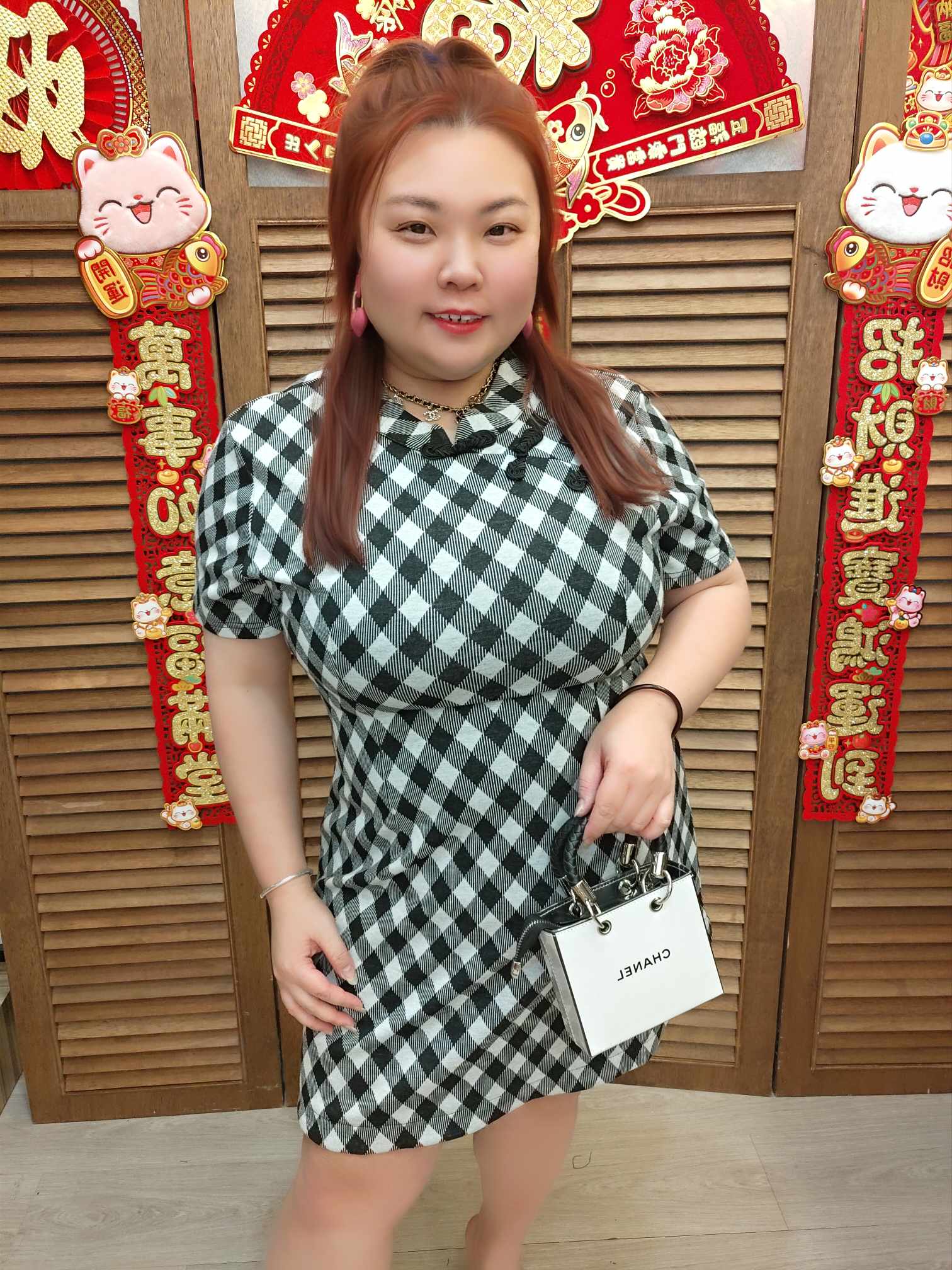 TW#5310 复古格子旗袍连衣裙