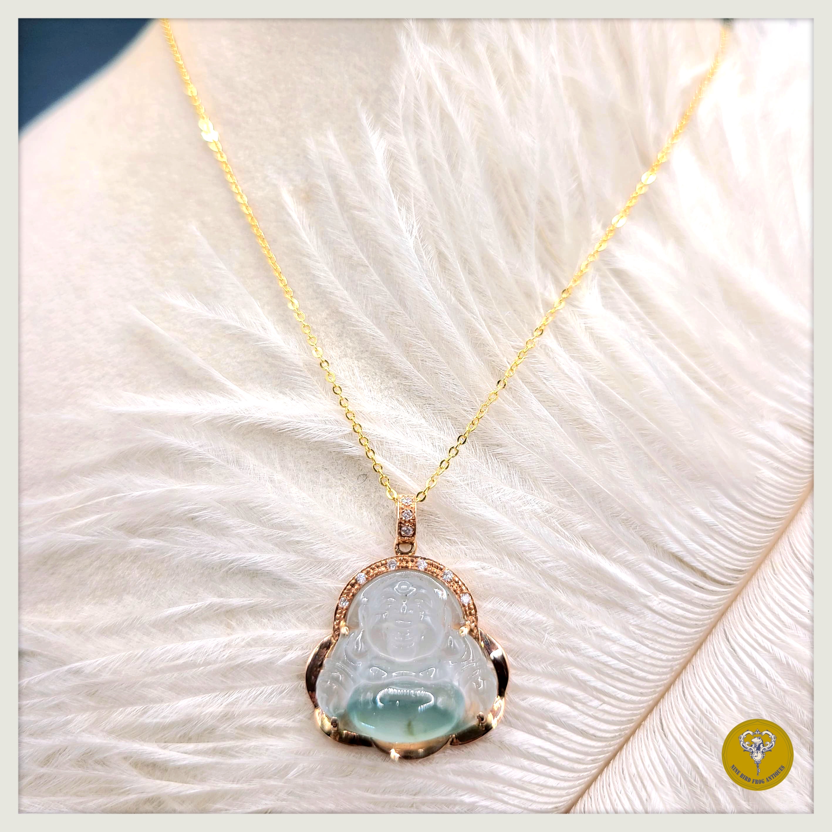 80年代高冰種翡翠彌勒佛鑽石18k金鑲嵌配純銀包金頸鍊（付證書）