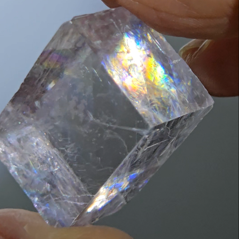 Purple calcite cube with rainbows - PC14