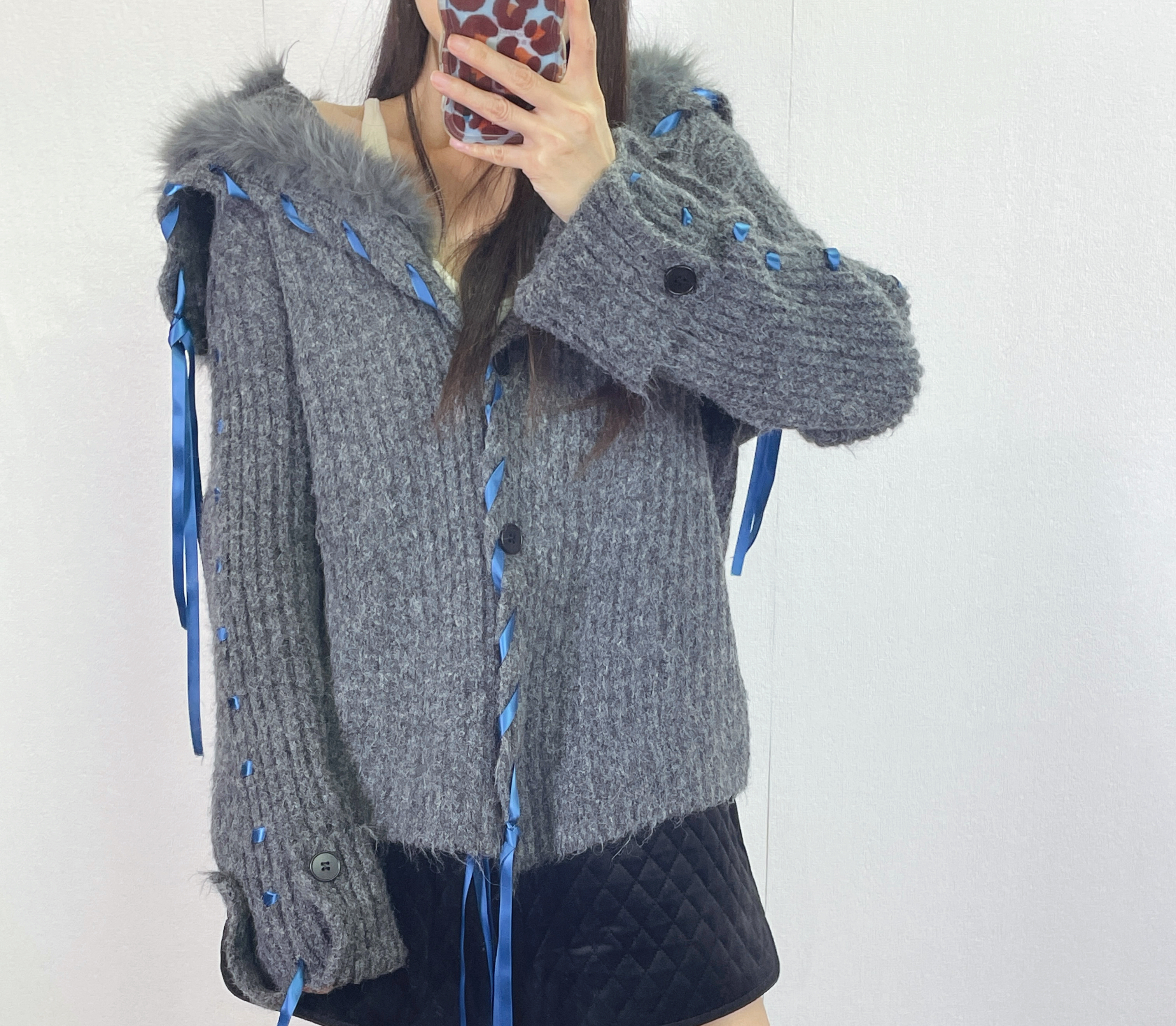 K5531 毛毛領拼絲帶針織外套