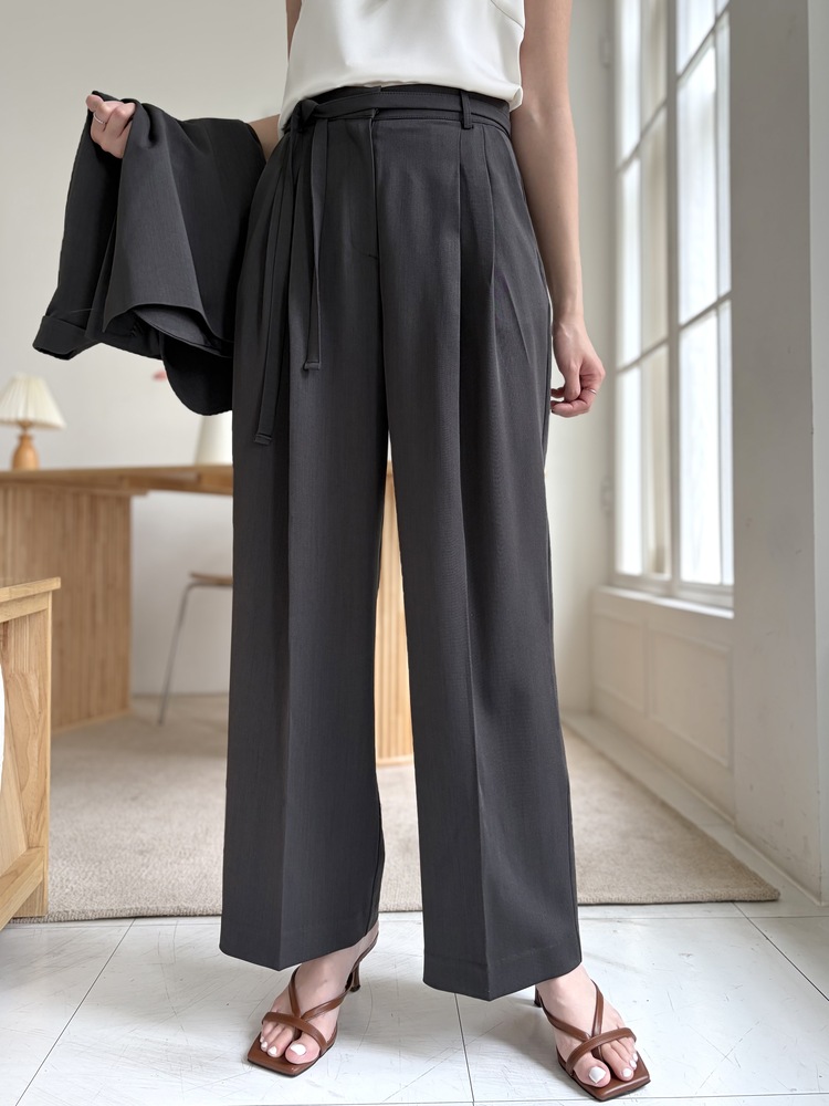 Aveline Belted Straight Slacks (Charcoal)