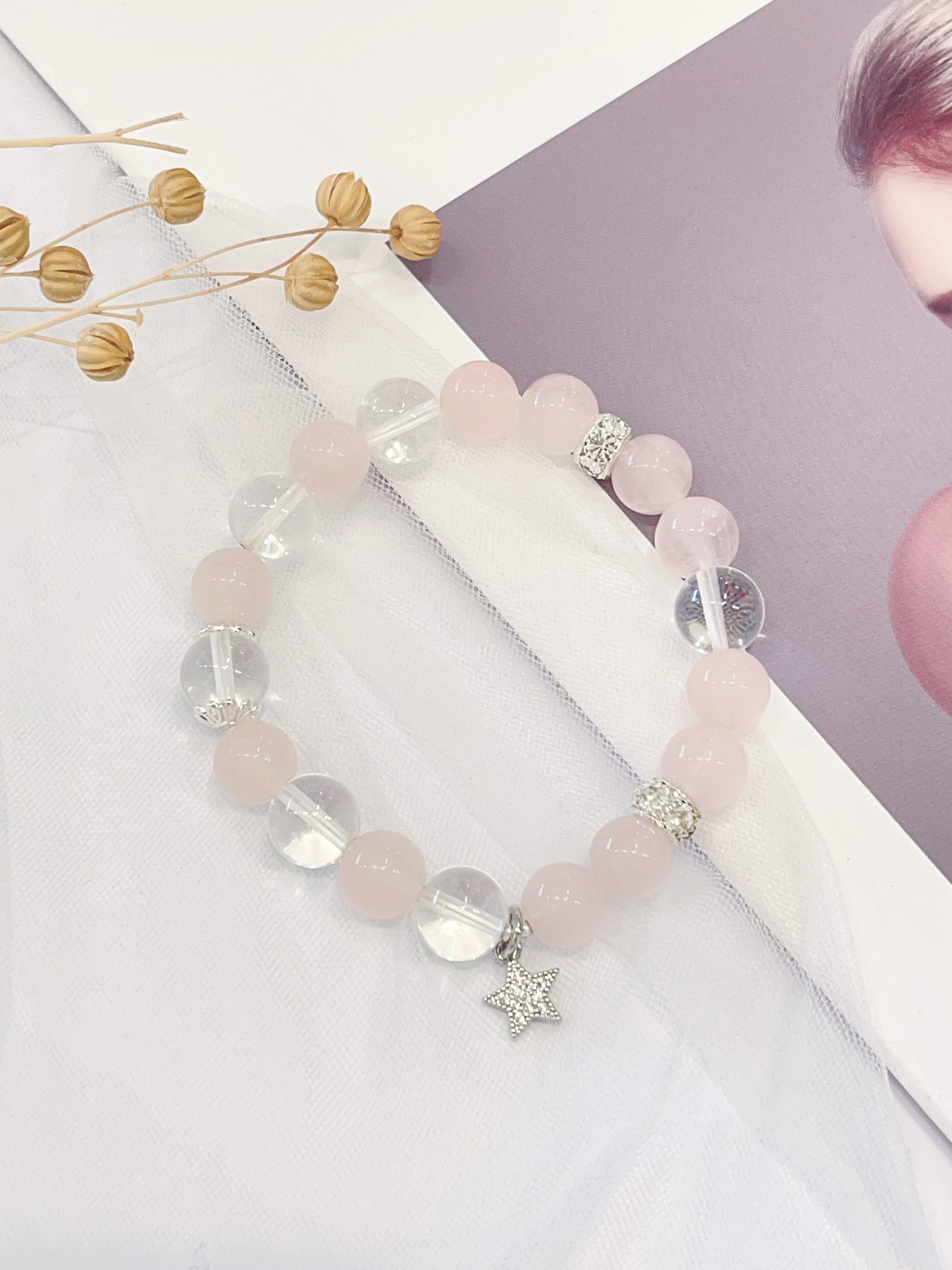 🌙 粉水晶 × 白水晶手串 Rose Quartz & Clear Quartz｜9.5mm 设计款（星星吊坠）