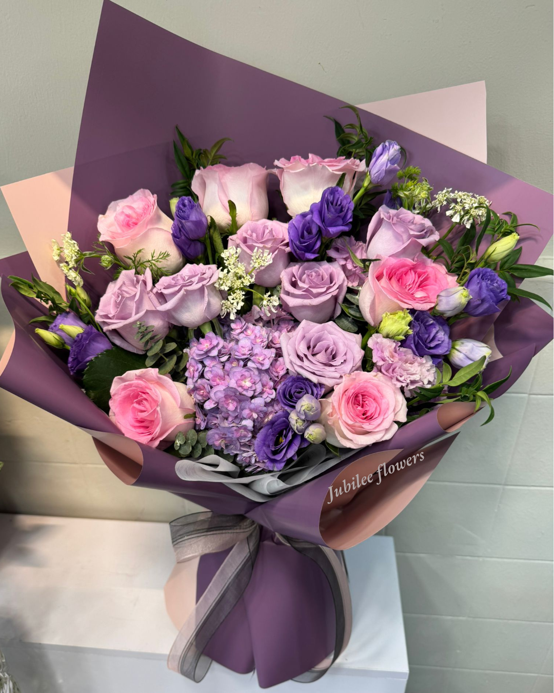 玫瑰 繡球 粉紫花束
