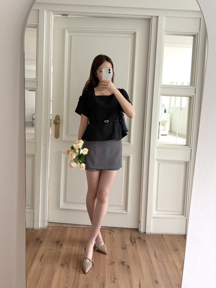 Square Neck Belted Blouse (Black)