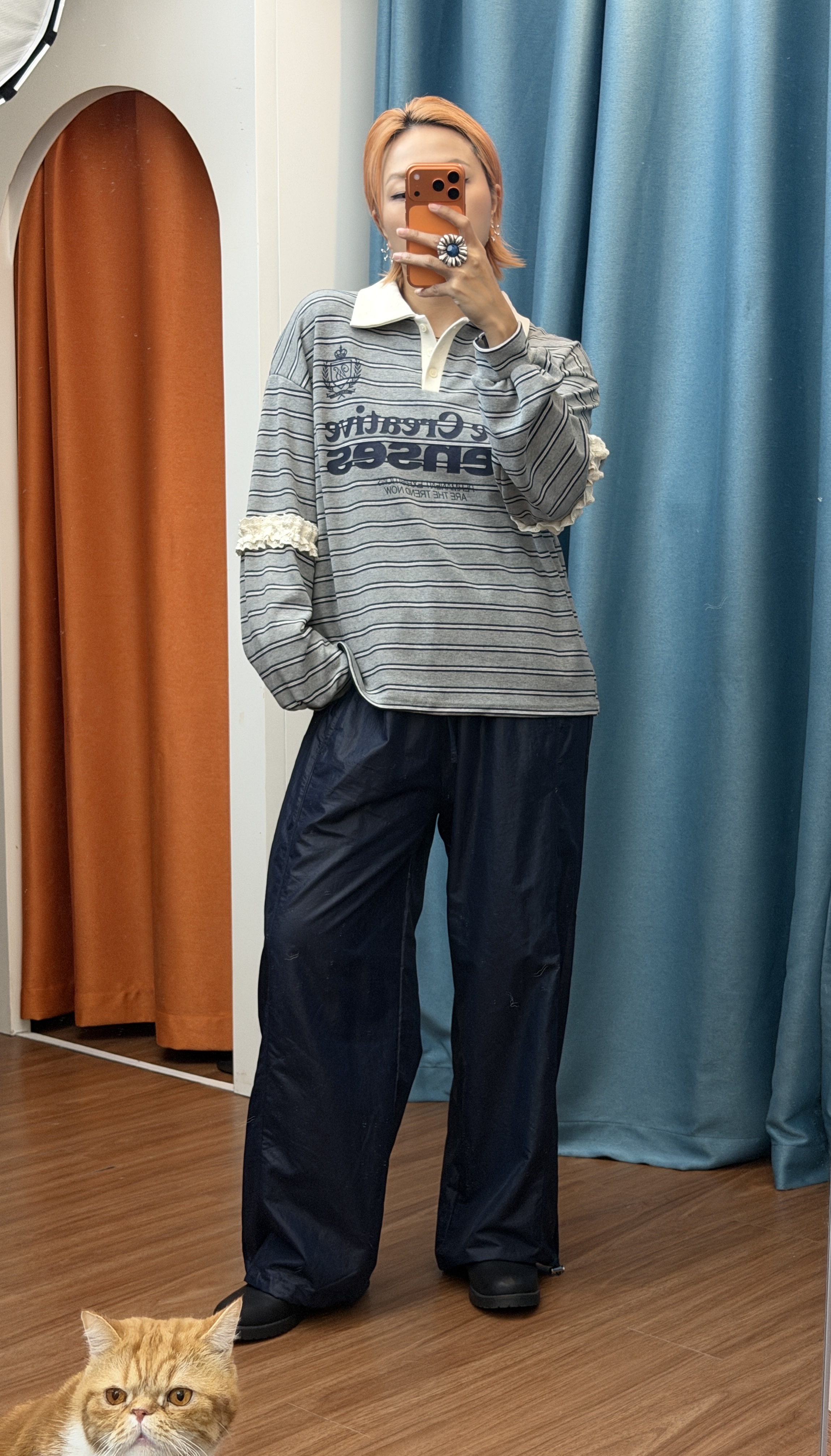 Metallic抽繩寬鬆風衣休閒褲