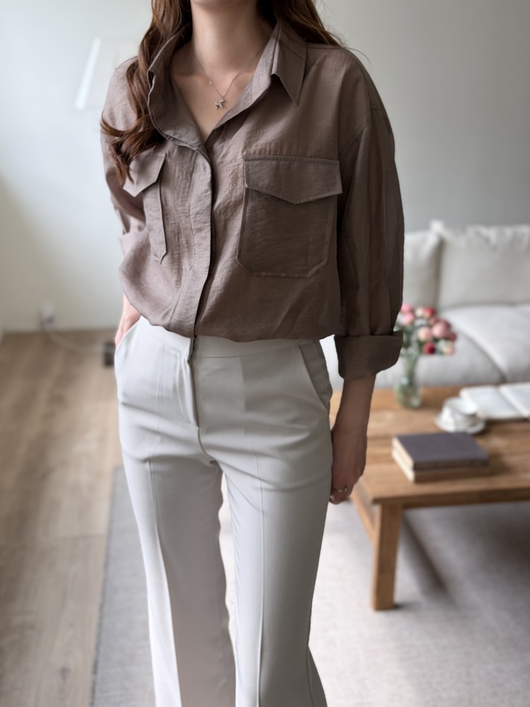 Feminine Belted Pocket Blouse (Brown)