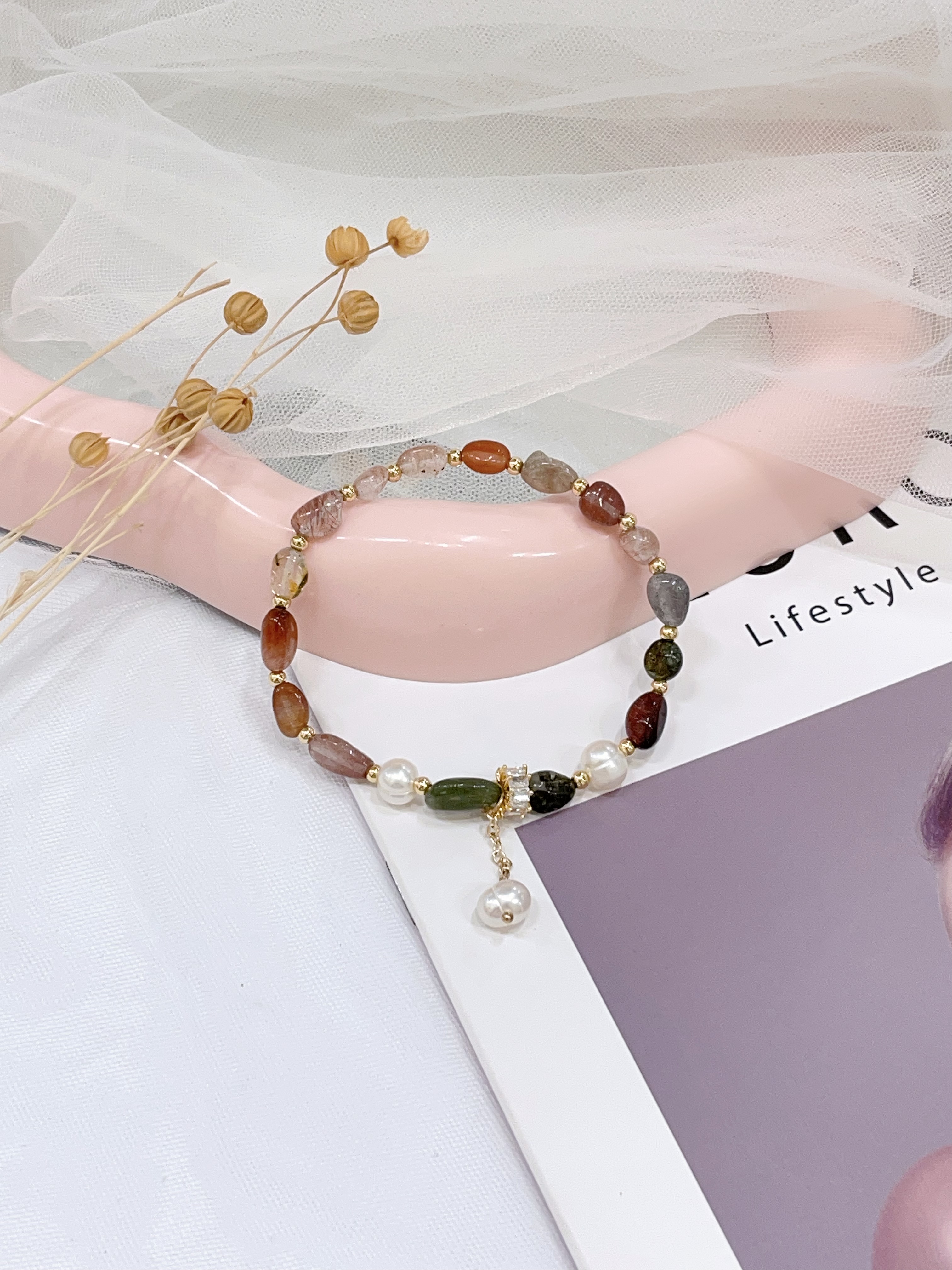 🌈 彩发晶多宝 × 珍珠手串 Multicolor Rutilated Quartz & Pearl | 5mm-6mm