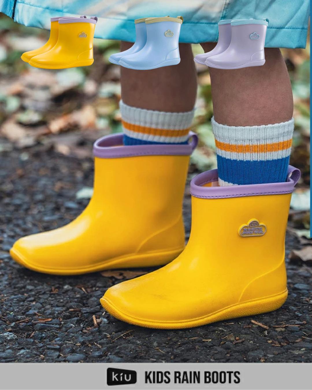 日本代購【 2026新商品 日本直送 KiU 復古 童趣 配色 兒童 雨靴 附收納袋＋名牌 男女童都啱 | Retro Kids’ Color Rain Boots with Storage Tote & Name Tag 】﻿
