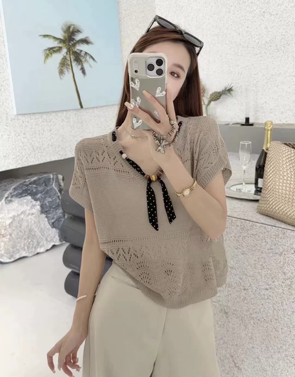 针织V领上衣Knit v-neck top with black ribbon 