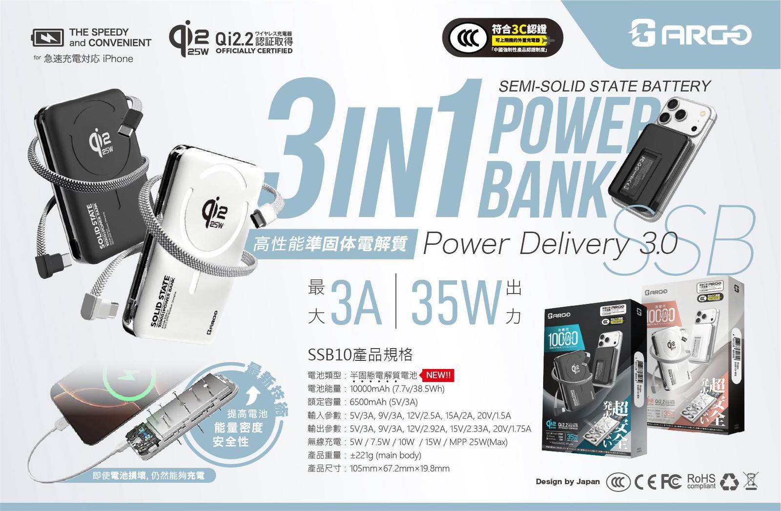 ARGO Qi2.2 25w 3in1 10000mAh 磁吸無線行動電源