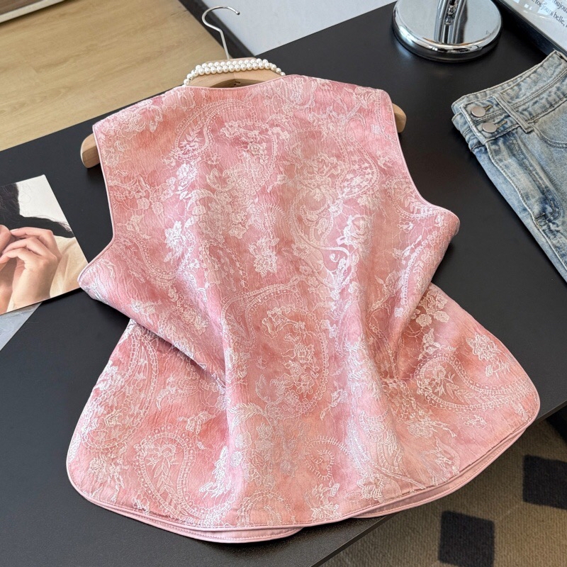 B58(0166) 新中式民族风重工提花横直刺绣蕾丝花粉黄马甲上衣 