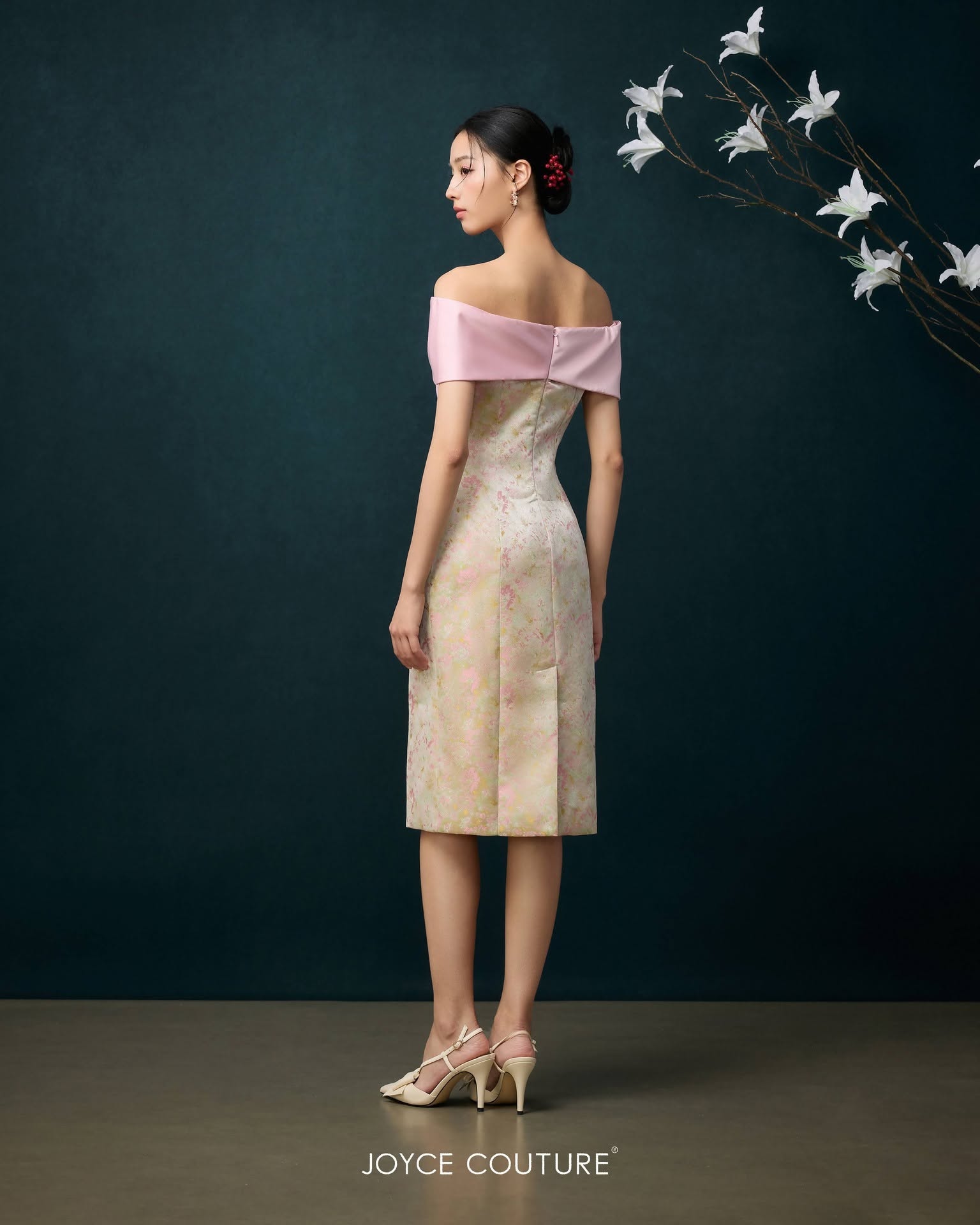 花卉锦缎中长连身裙 D0369