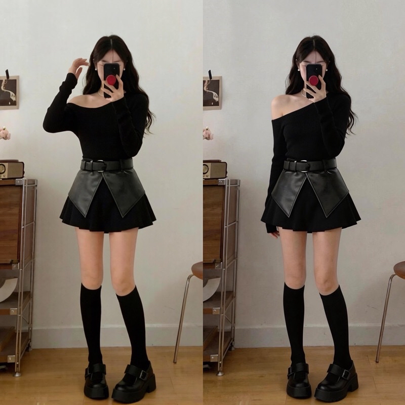 B44(9968) 韩系御姐斜肩上衣与皮质开角腰封短裙黑套装