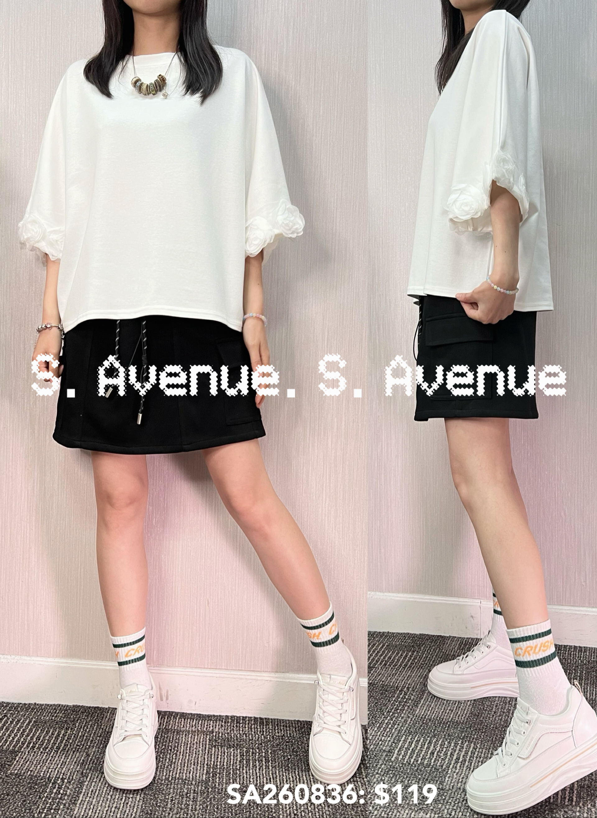 SA260836: 喇叭袖袖邊立體花小蝙蝠tee