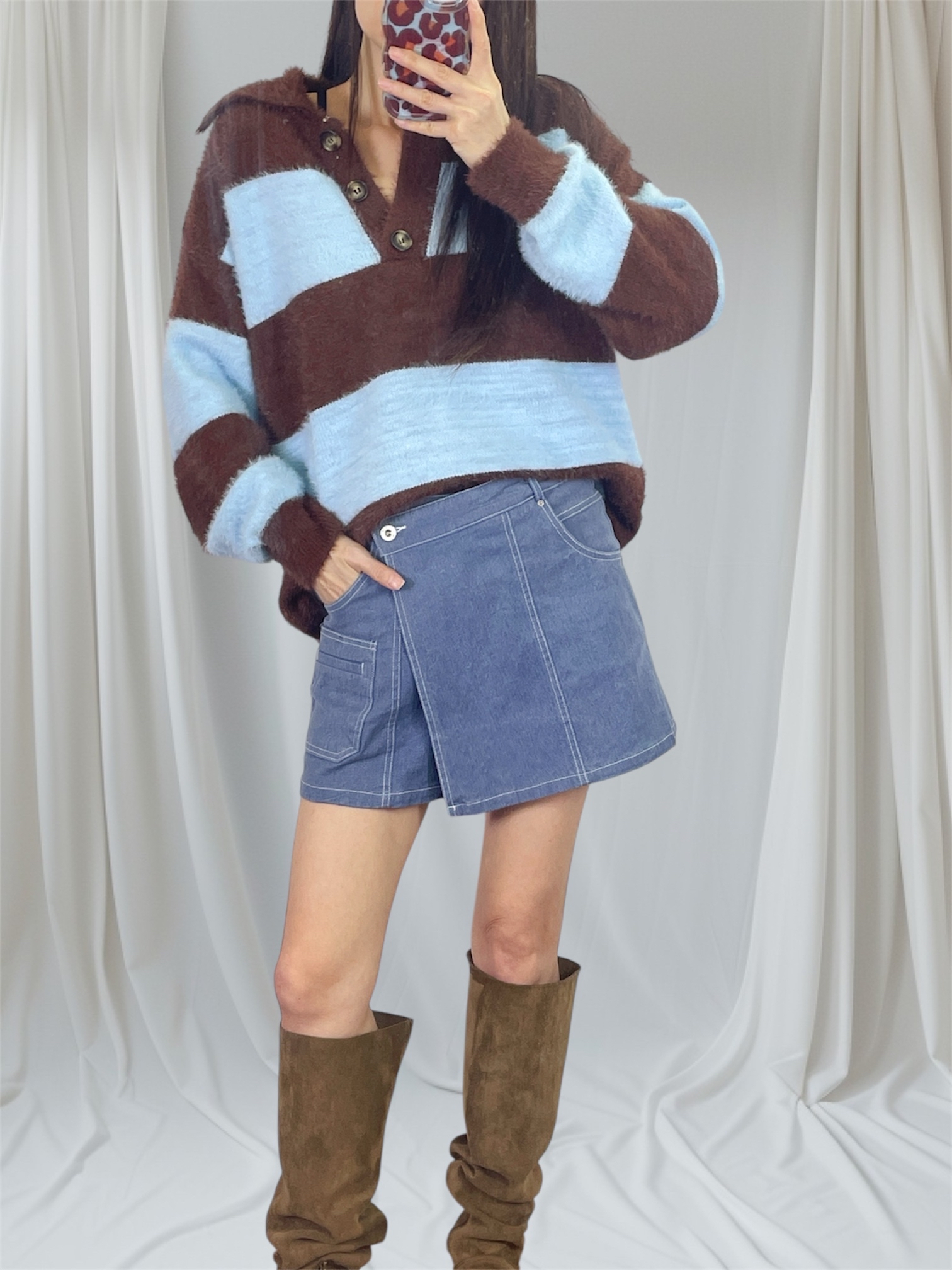 K5546 仿貂毛半胸間色針織