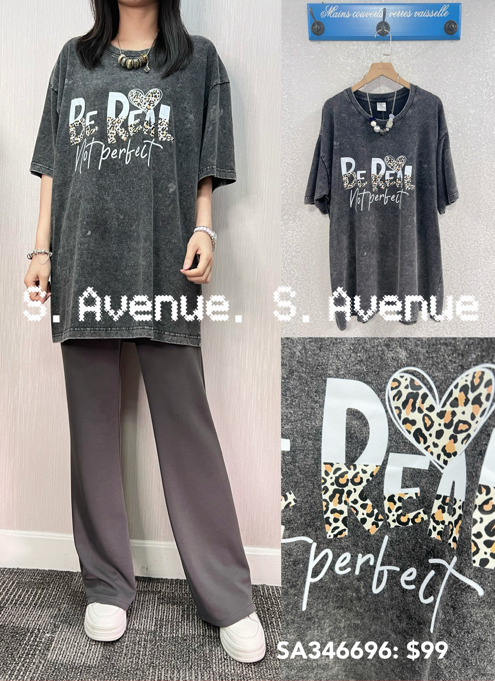 SA346696: 短袖英文字洗水鬆身長tee