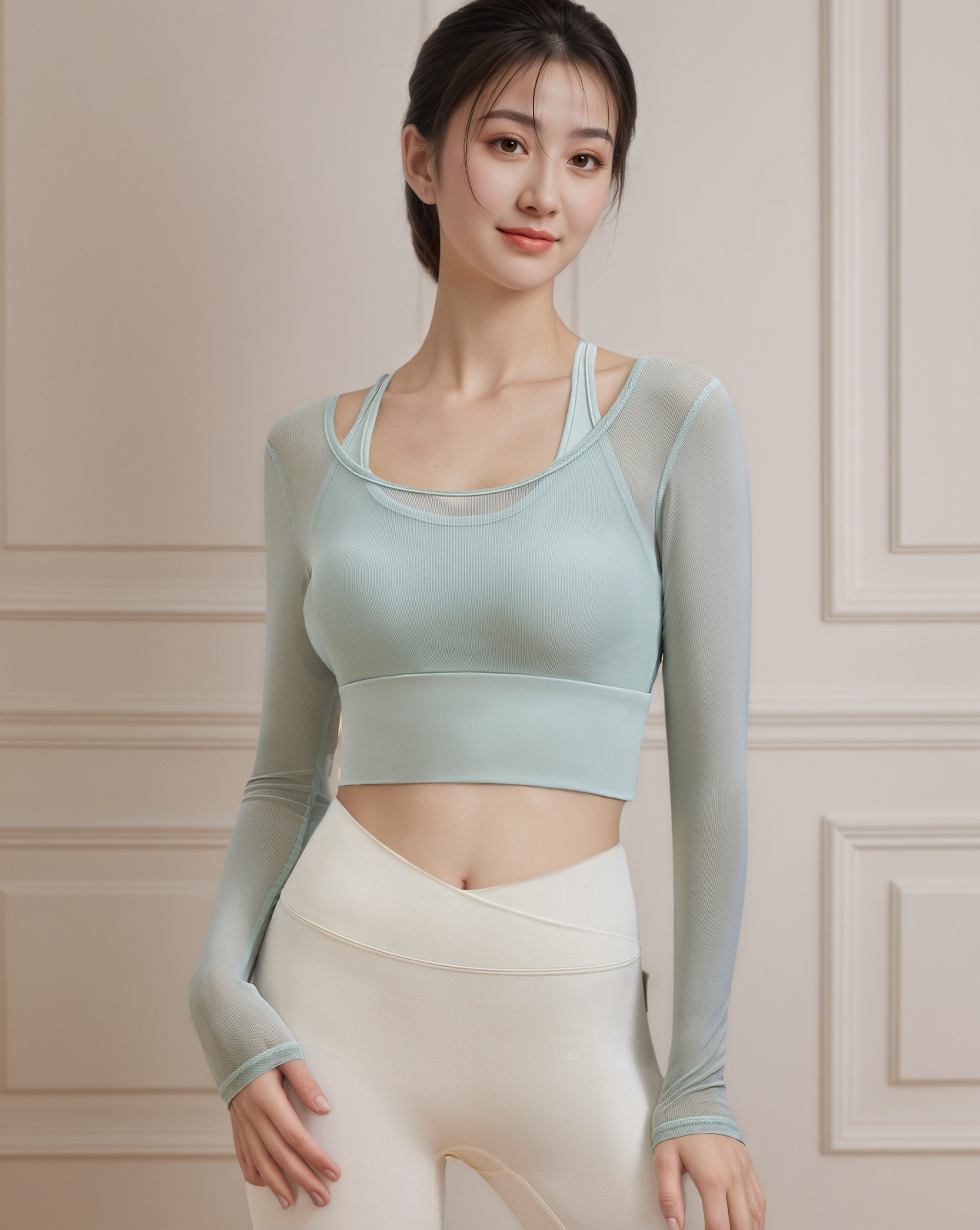 假兩件網紗瑜伽長袖上衣固定杯款