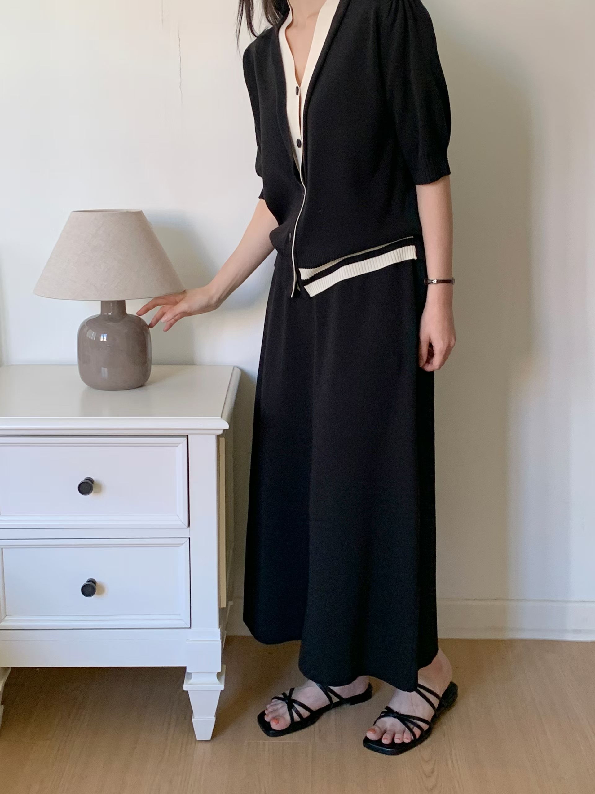 CT19 開鈕拼色外套+裙set 