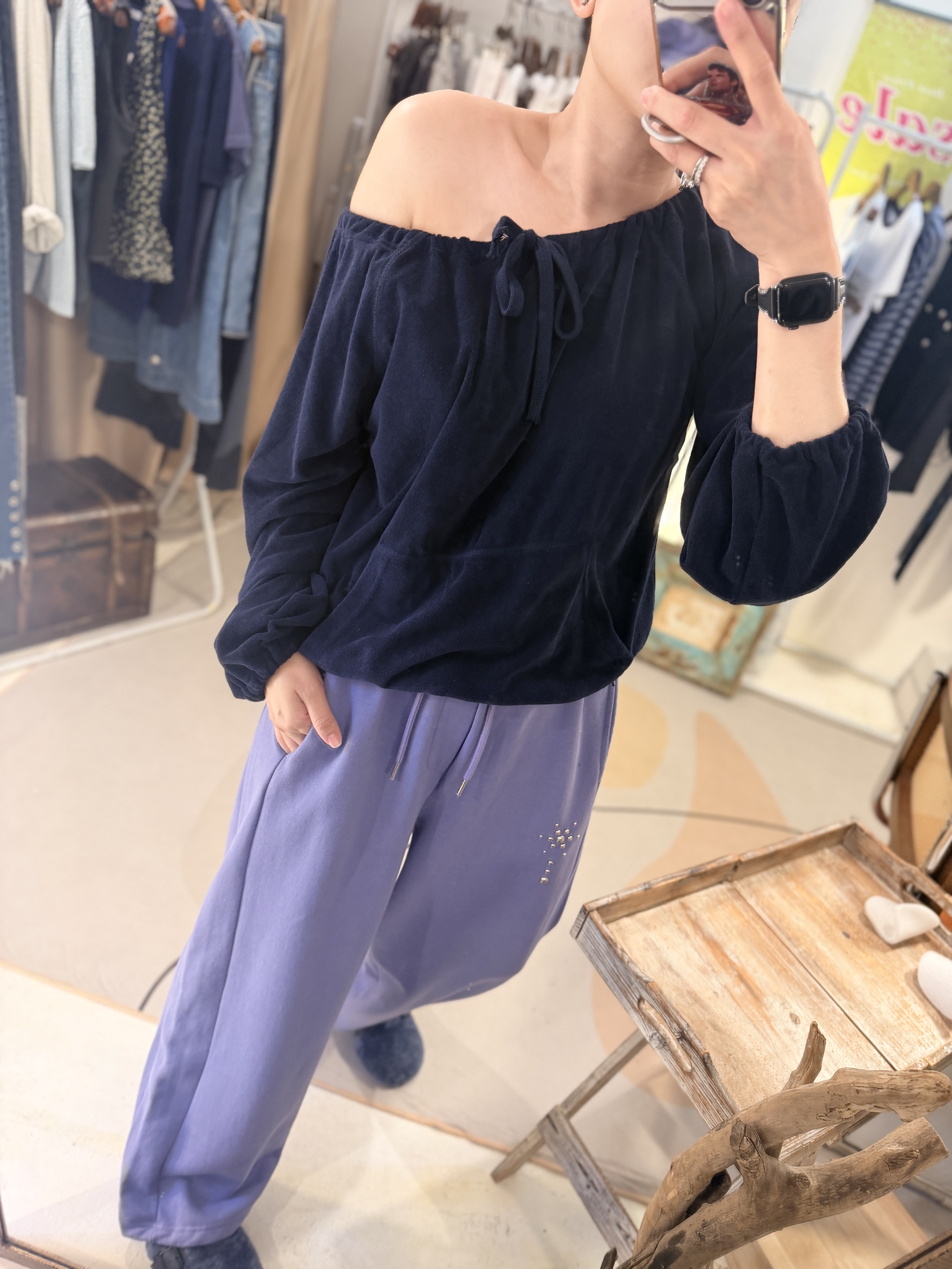 Navy towel off shoulder sweater