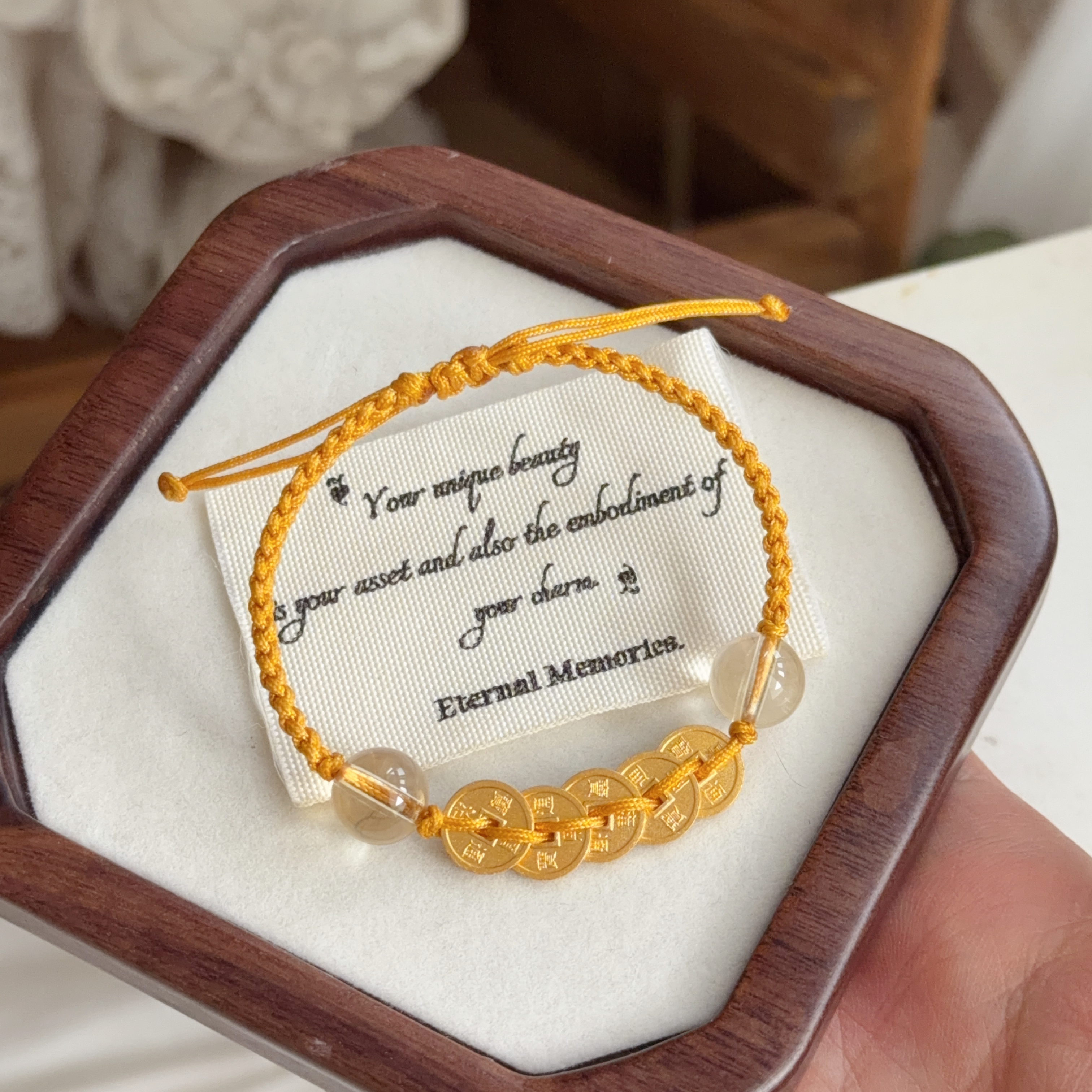 999足金五帝幣+8mm白水晶襯手绳（實心版）