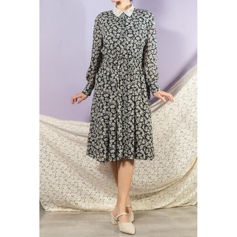 Vintage Korean Navy Blue and White Floral Pattern Lace Collar Shirt Dress with Two Front Pockets (MT1608-102)