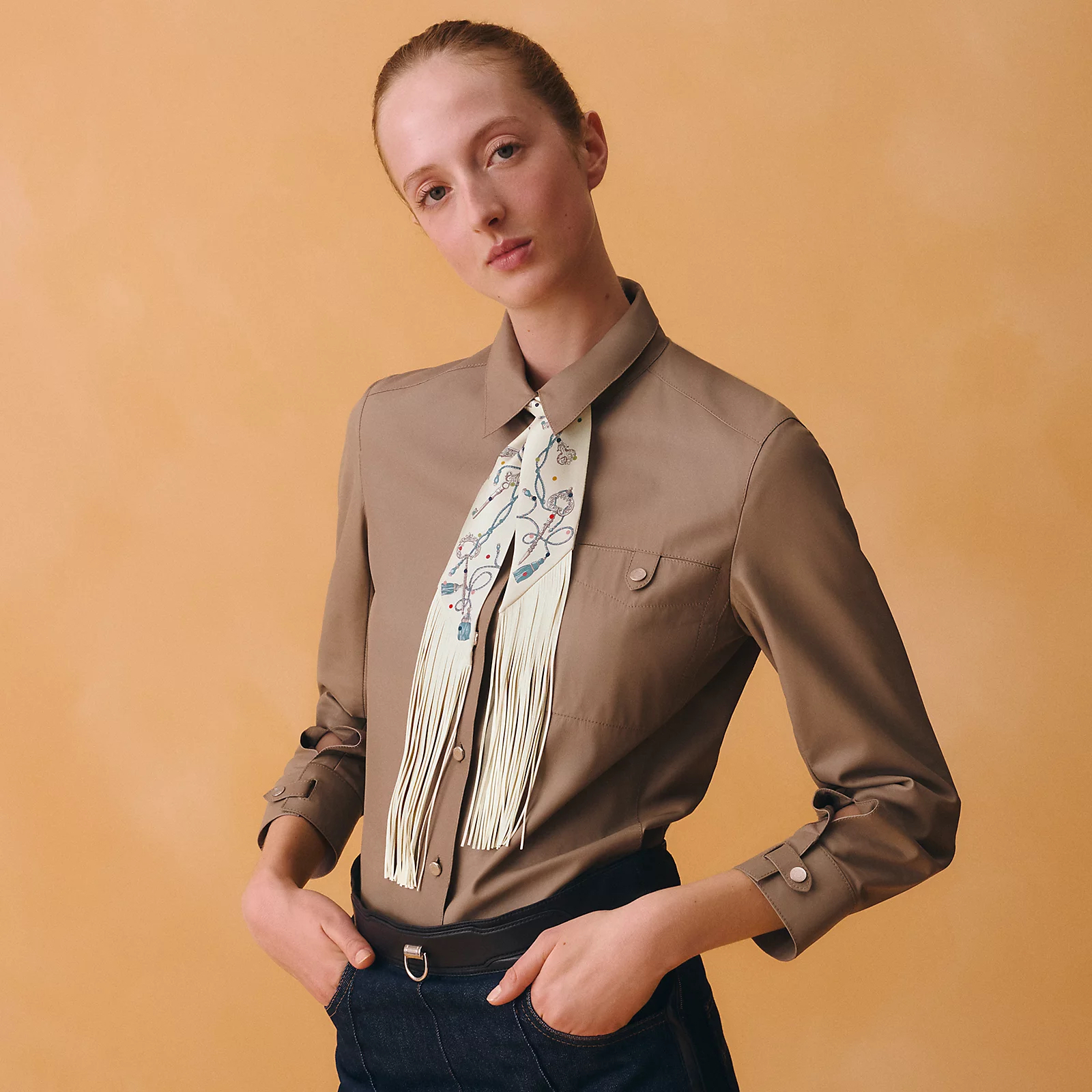 Hermès 全新🆕 100%絲 Les Cles Pois Franges 皮革流蘇圖案Twilly