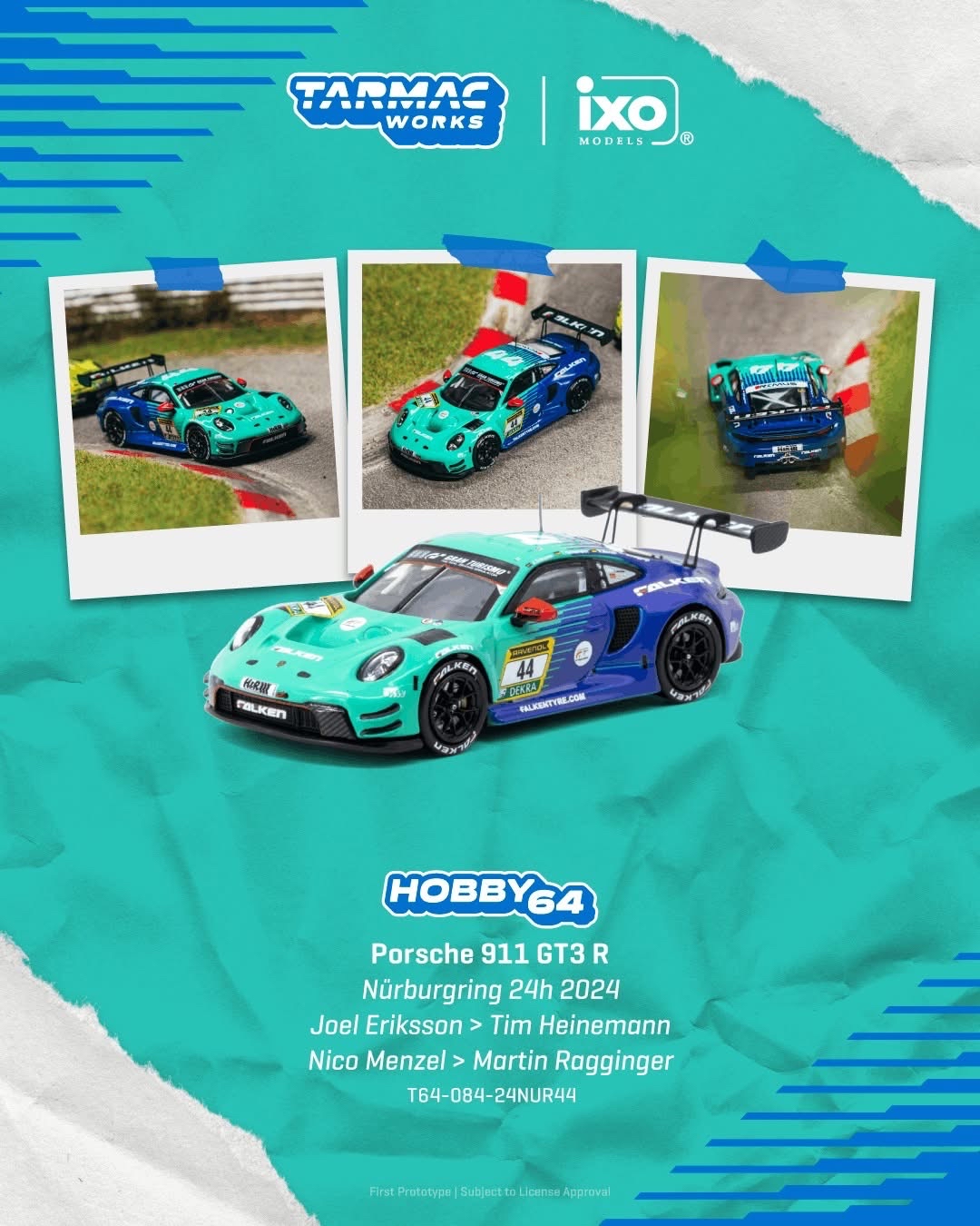 (預訂 Pre Order) Tarmac Works ( T64-084-24NUR44 ) Porsche 911 GT3 R Nürburgring 24h 2024 Joel Eriksson / Tim Heinemann / Nico Menzel / Martin Ragginger