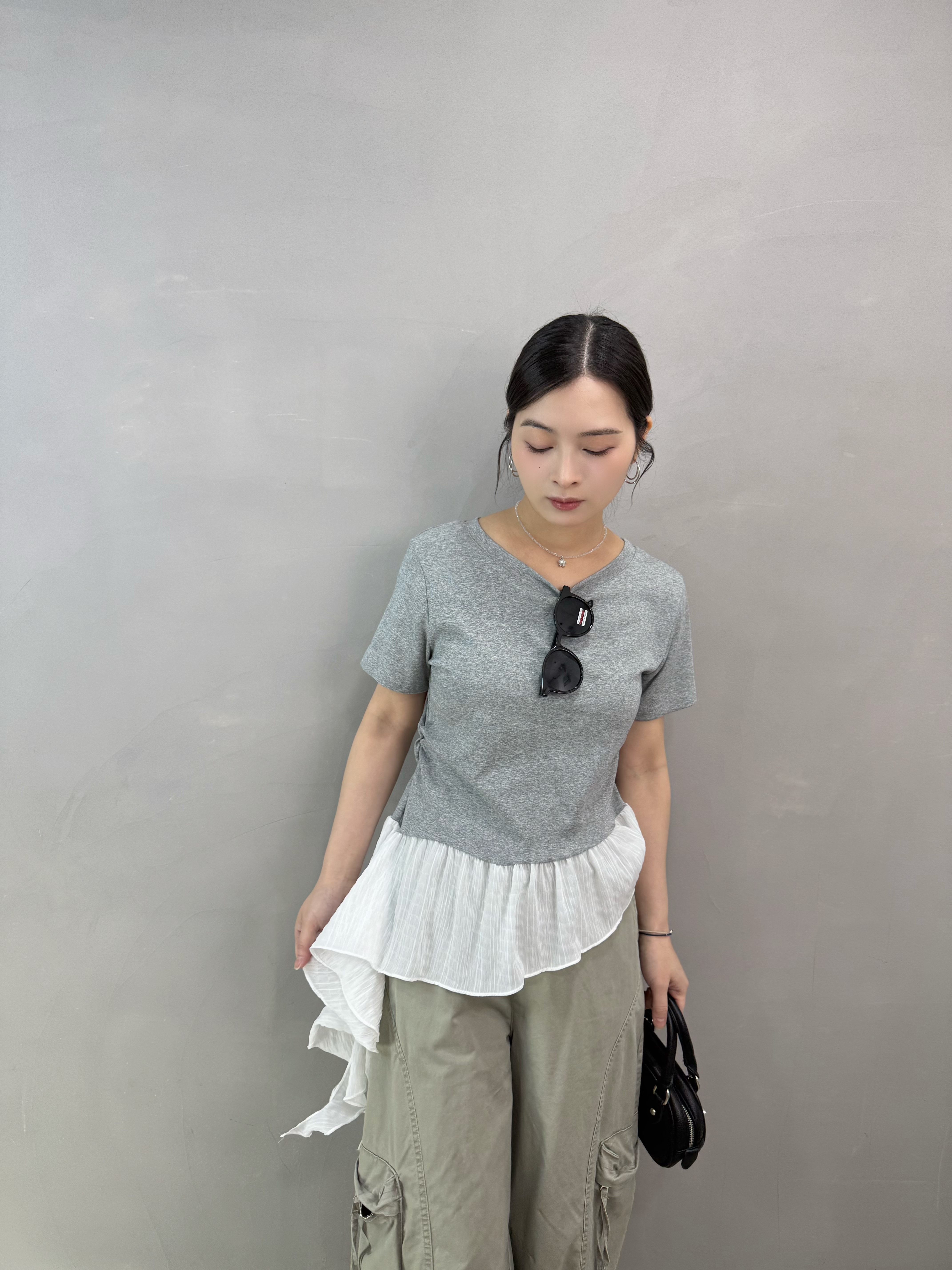 S76 棉質拼斜腳ruffle top