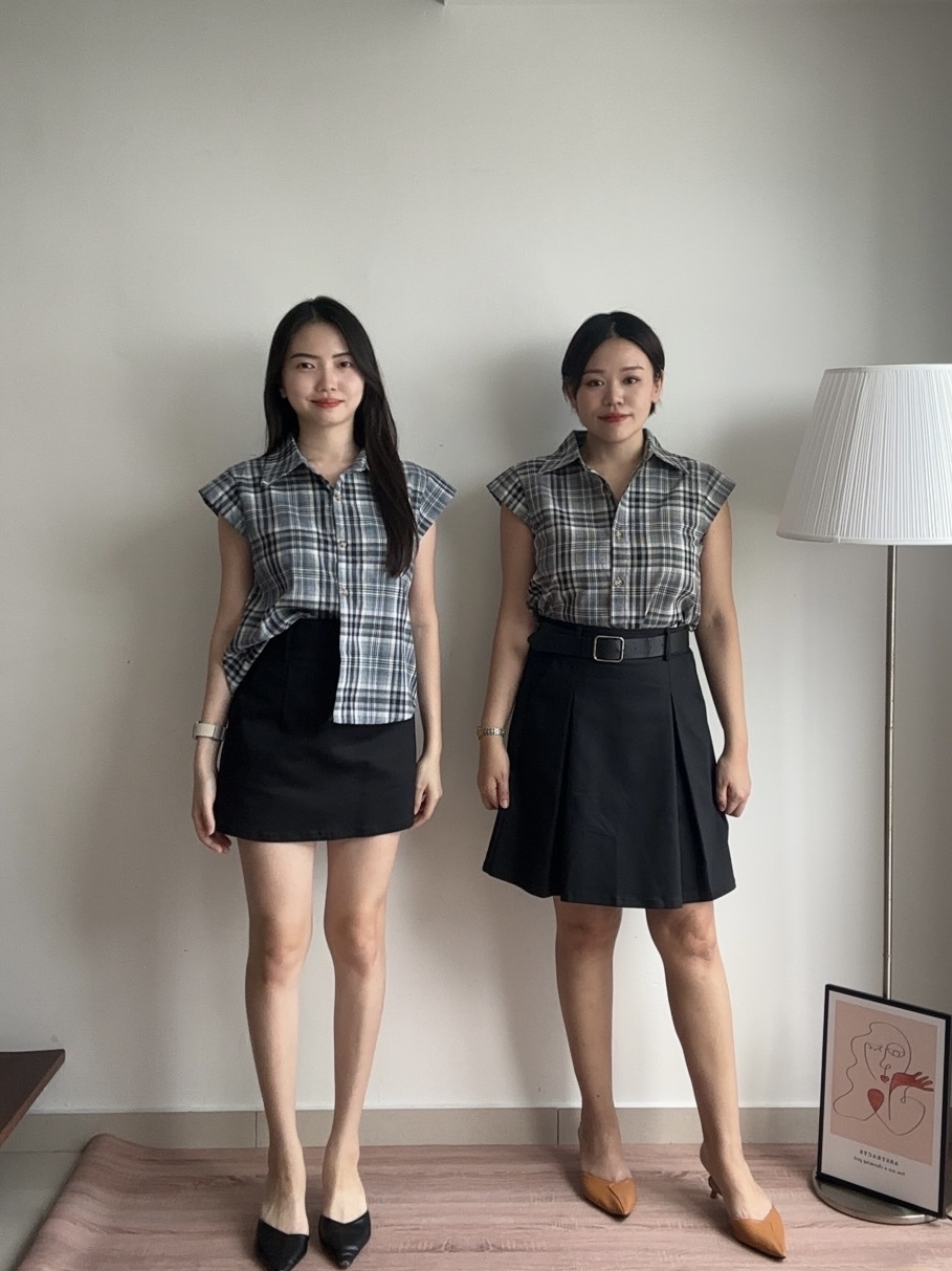 T4280 Cape Sleeve Checkered Shirt - Black & Blue