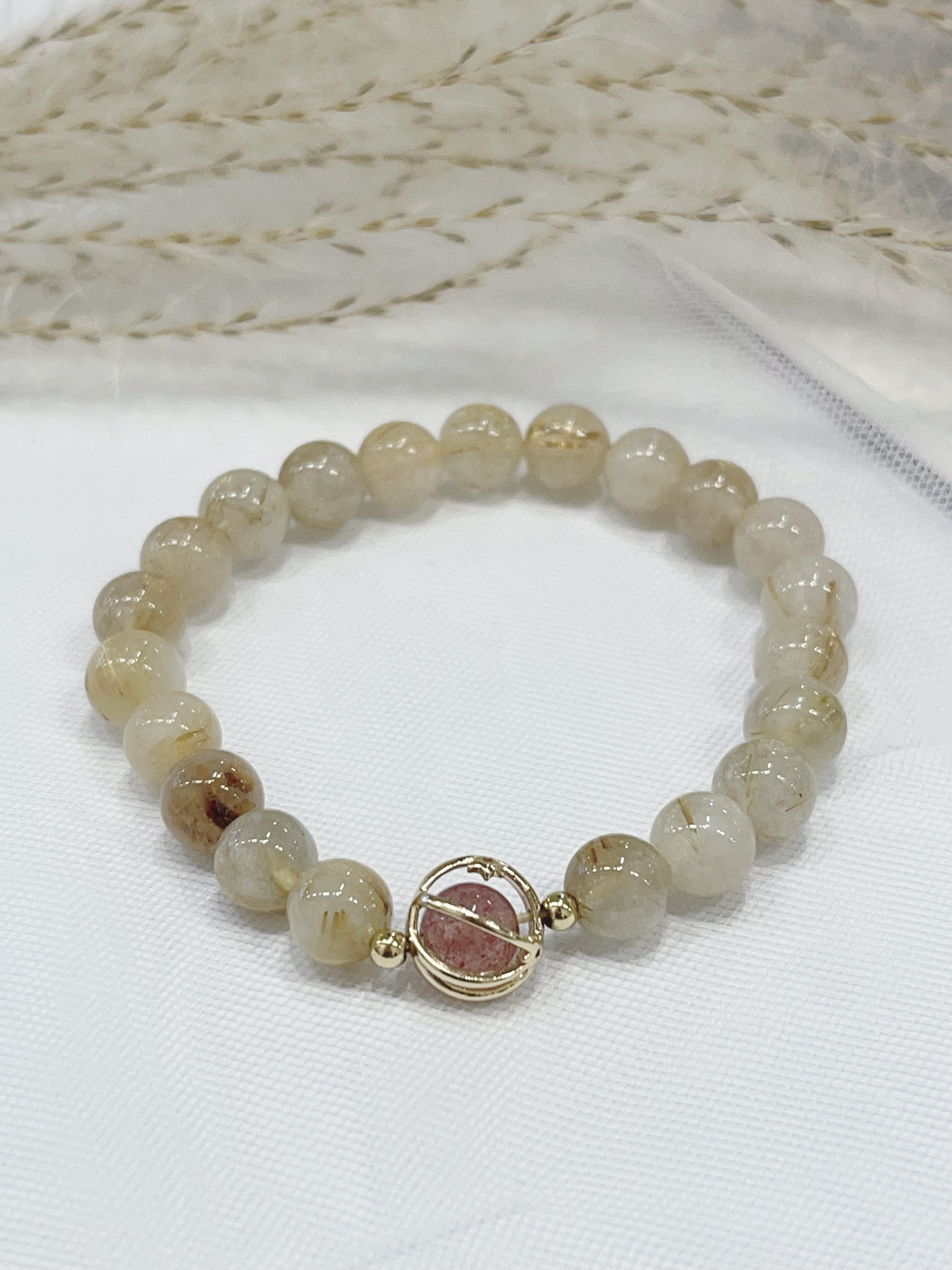 🍓 草莓晶 × 金发晶手串 Strawberry Quartz & Golden Rutilated Quartz | 8mm