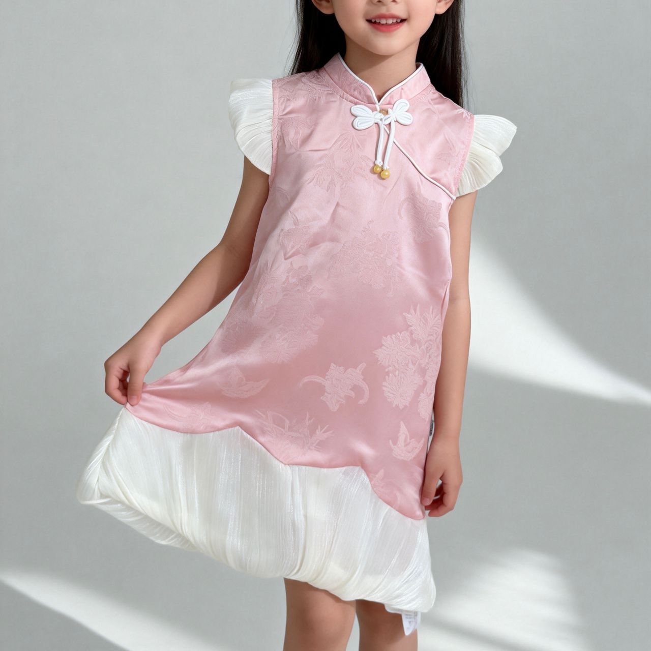 332097 | Elegant Pink Floral Cheongsam Dress for Girls